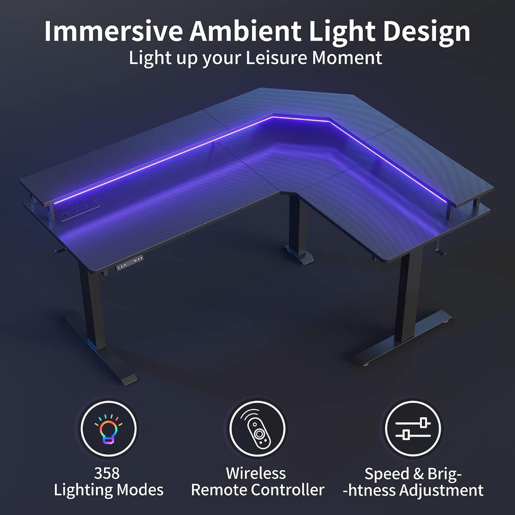 FEZIBO 63'x49' L Shaped Standing Desk with LED Strip & Power Outlets, Height Adjustable Sit Stand Corner Computer Desk with Ergonomic Monitor Stand, Black Top/Black Frame