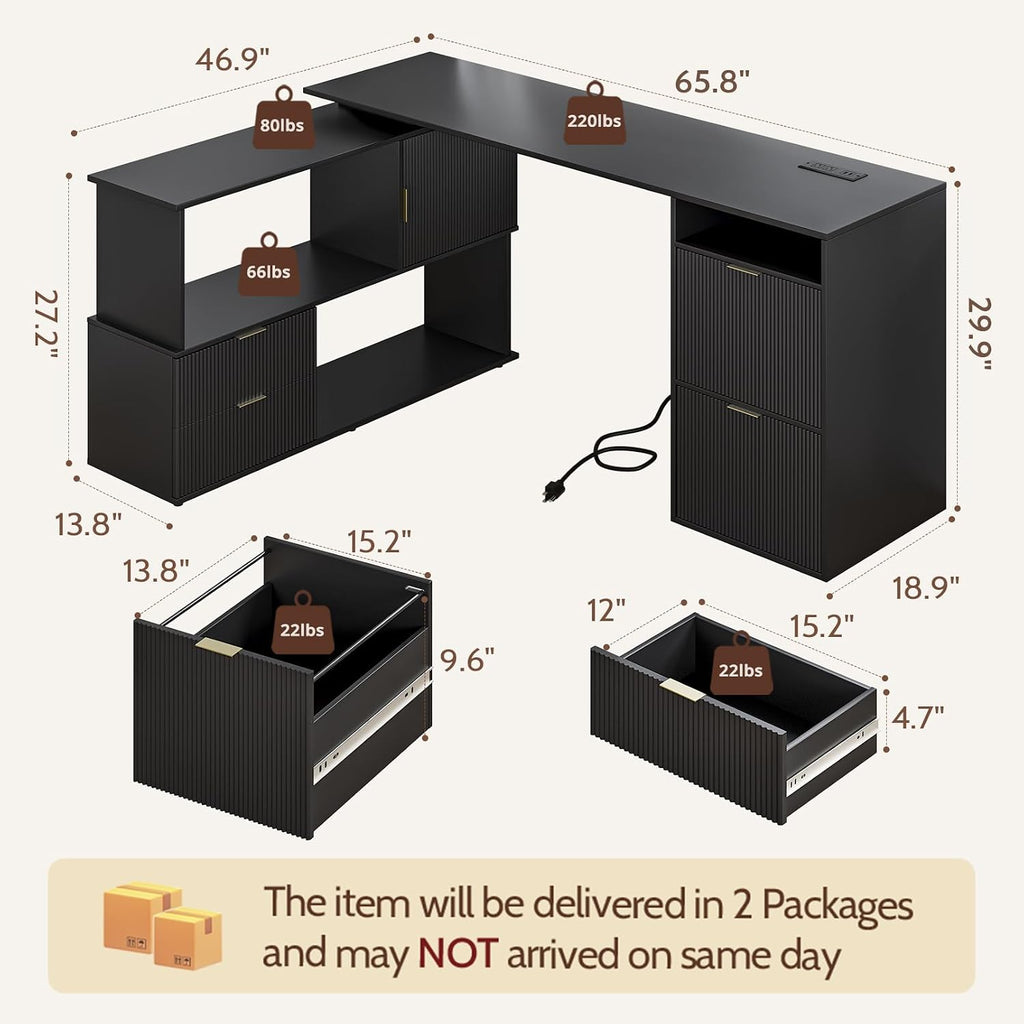 L-Shaped Desk with Drawers & Power Outlet, 180 Rotating Corner Computer Desk with Storage, 66 Inch Office Desk with 5-Drawer, Space-Saving Modern L-Shaped Workstation for Home Office
