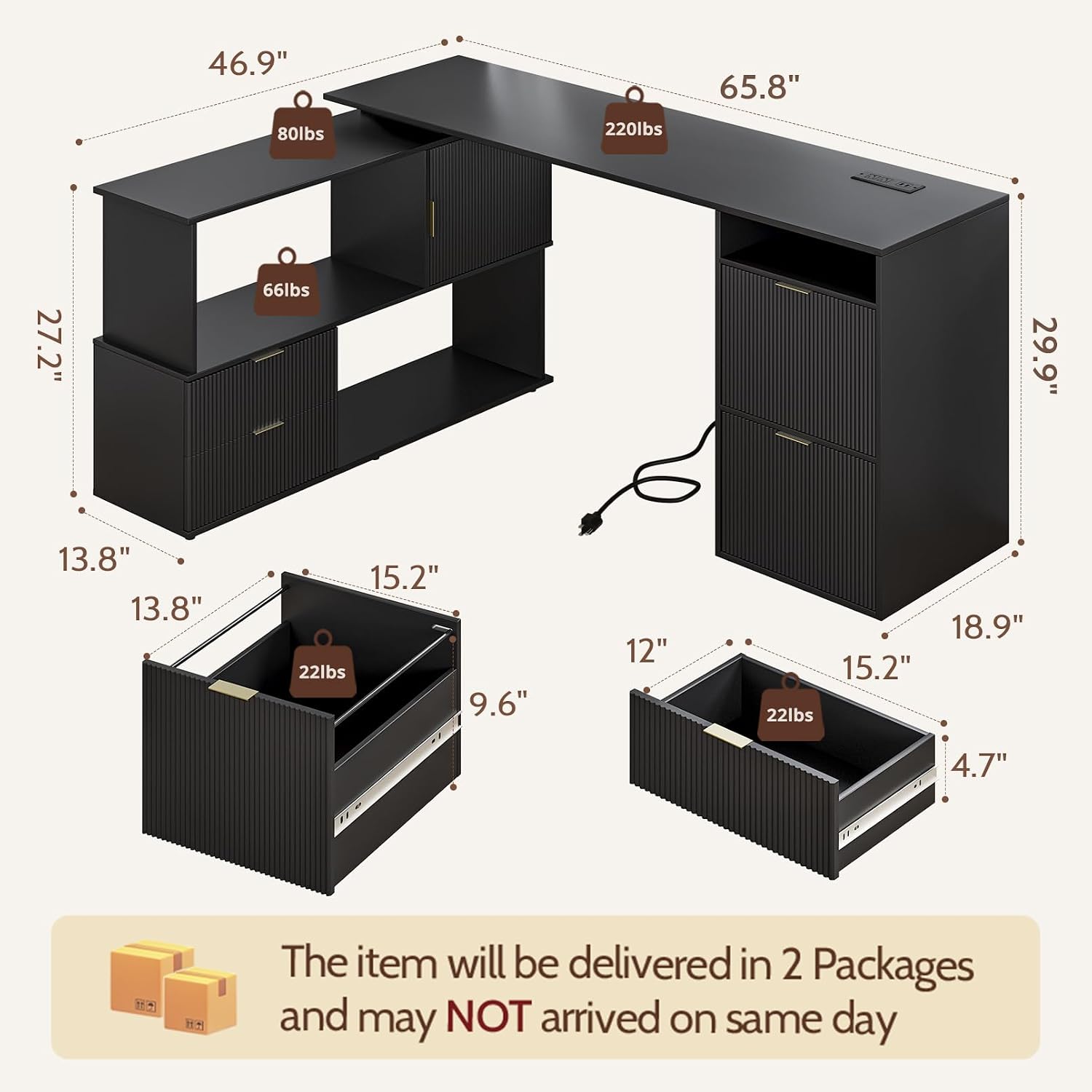L-Shaped Desk with Drawers & Power Outlet, 180 Rotating Corner Computer Desk with Storage, 66 Inch Office Desk with 5-Drawer, Space-Saving Modern L-Shaped Workstation for Home Office