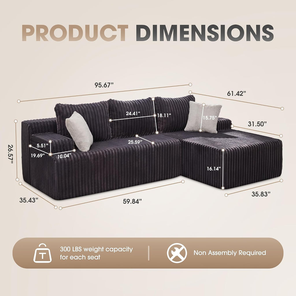 Modular Sectional Sofa Couches L-Shape Couch 3 Seat Modular Sofa Memory Foam Sectional Couches for Living Room, Cloud Couch with Oversized Chaise (Dark Grey Facing Chaise)