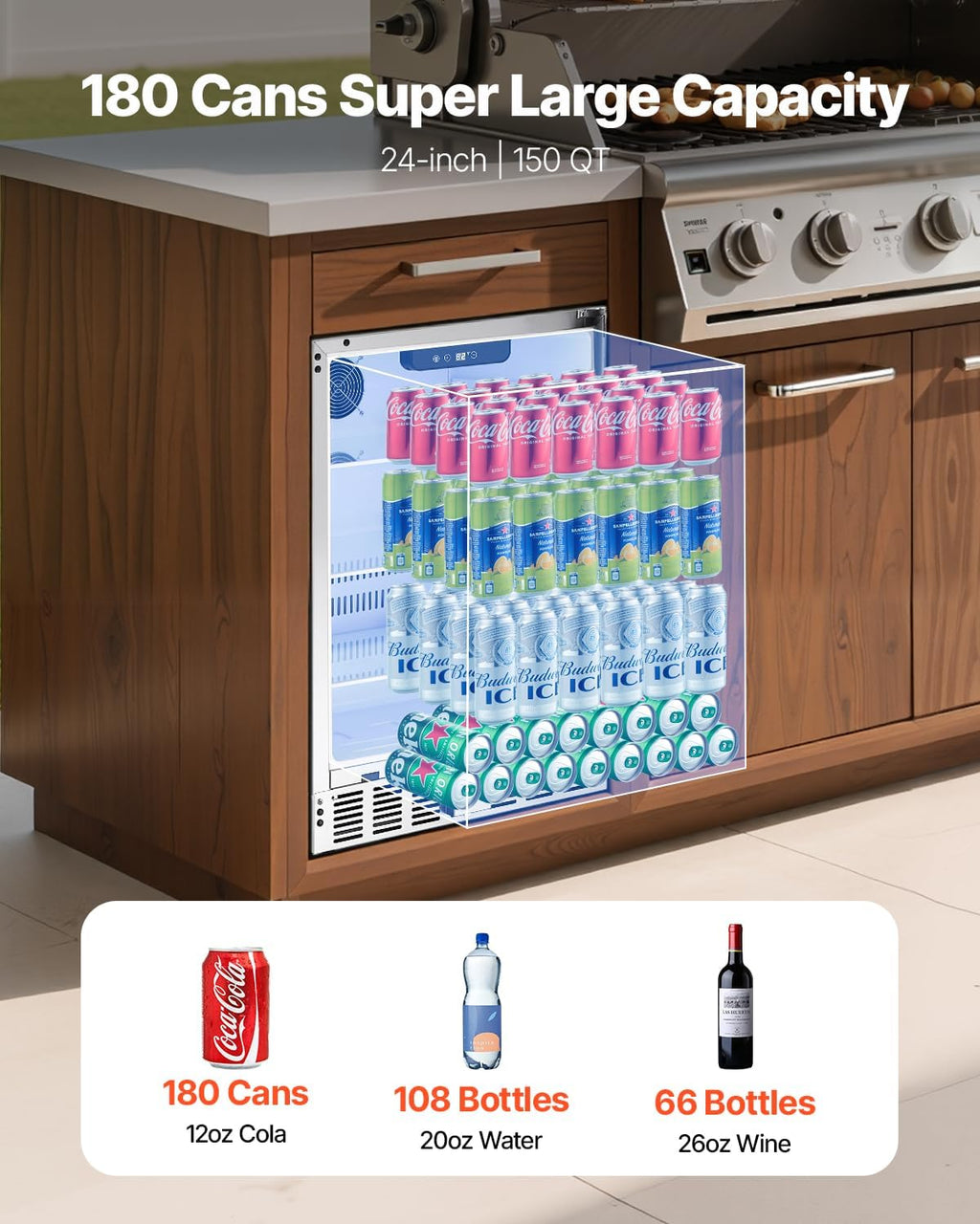 VEVOR 24-Inch Indoor/Outdoor Beverage Refrigerator, 150 QT Freestanding or Undercounter Beverage Fridge, 180 Cans Built-in Beer Fridge with Stainless Steel Body for Residential Home Bar Commercial Use