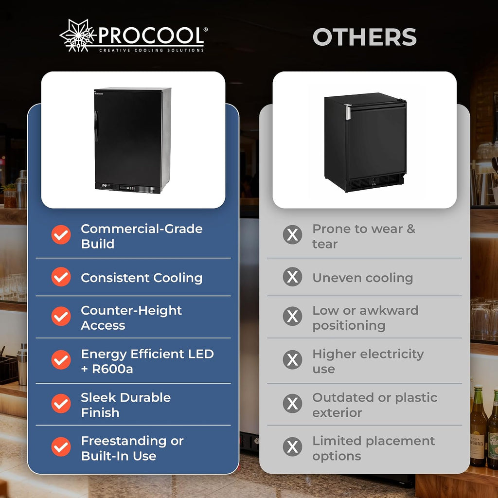 Procool 1-Door Counter Height Beverage Refrigerator - 24' Wide Energy Efficient Black Bar Fridge With LED Lighting - Commercial Back Bar Cooler