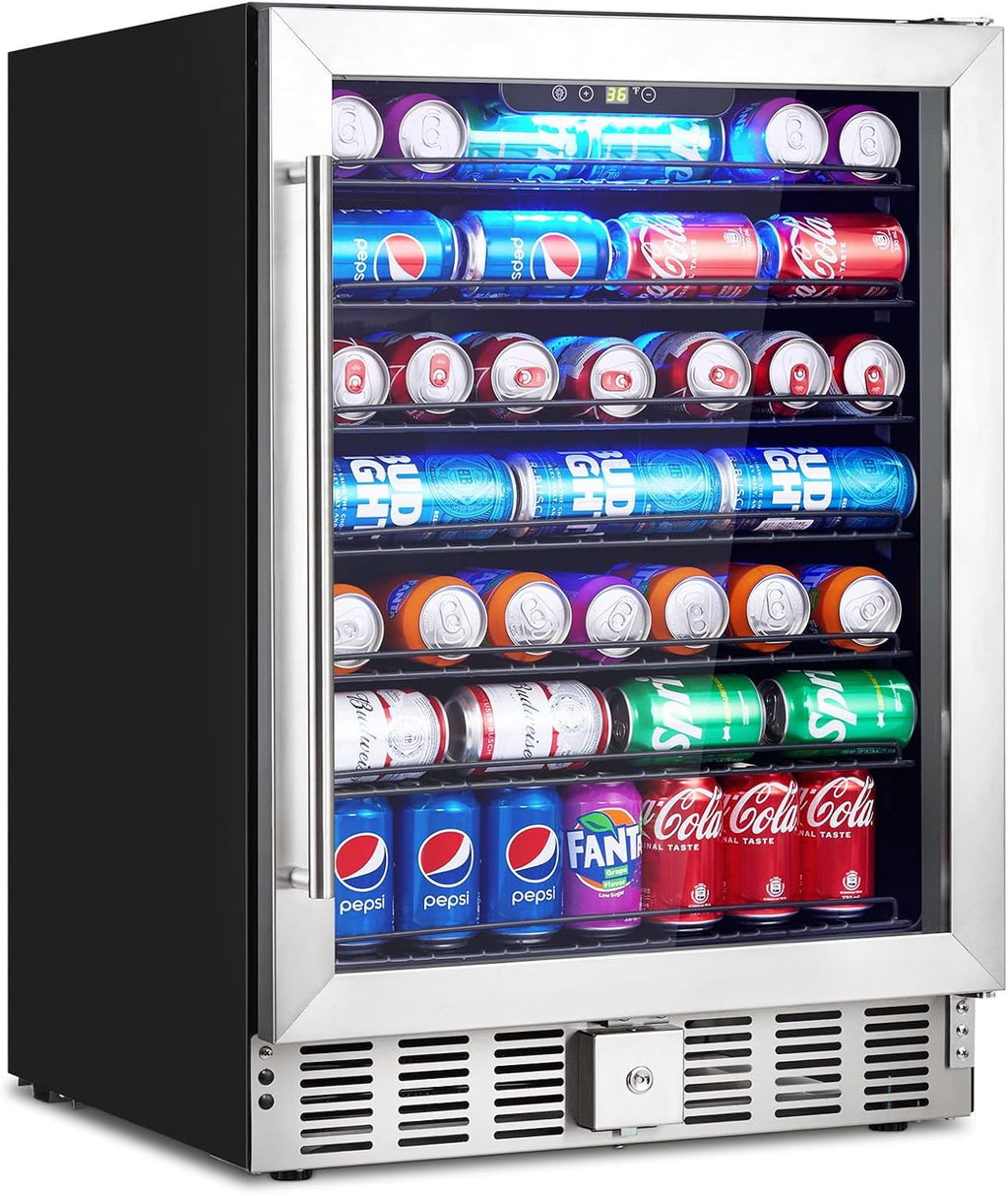 GarveeHome 24 in Beverage Refrigerator, 5.1 Cu.Ft Beverage Fridge, 166 Cans Capacity Drink Fridge with 36～60°F Adjustable Digital Temperature Control Compressor and Safety Lock