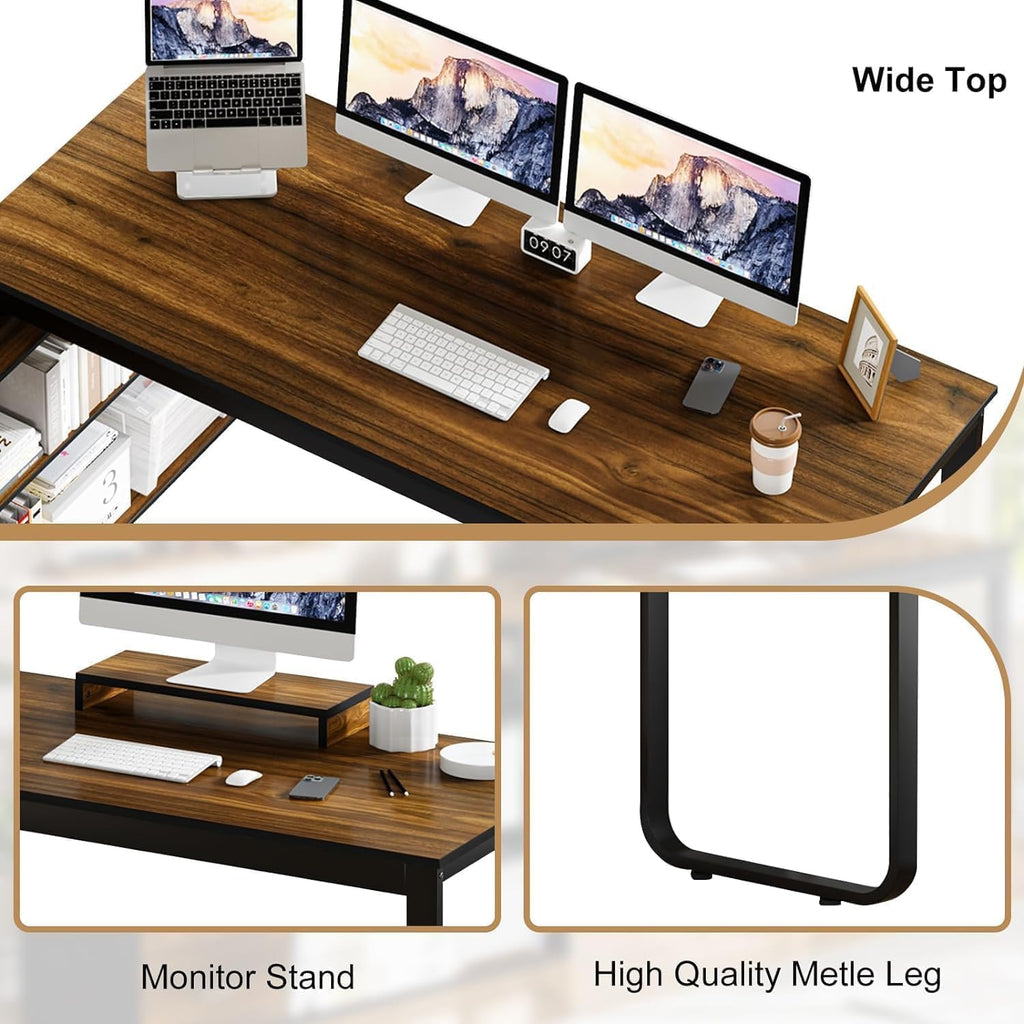 MaverickFurni 55' L Shaped Desk with Drawers and Shelves, Home Office Desk with Monitor Stand for Work Writing Study, Reversible Corner Desk with Storage, Black