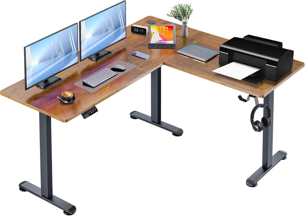 63' L Shaped Standing Desk,Electric Height Adjustable Corner Stand Up Desk, Ergonomic Sit Stand Home Office Computer Desk with Splice Board (Brown)