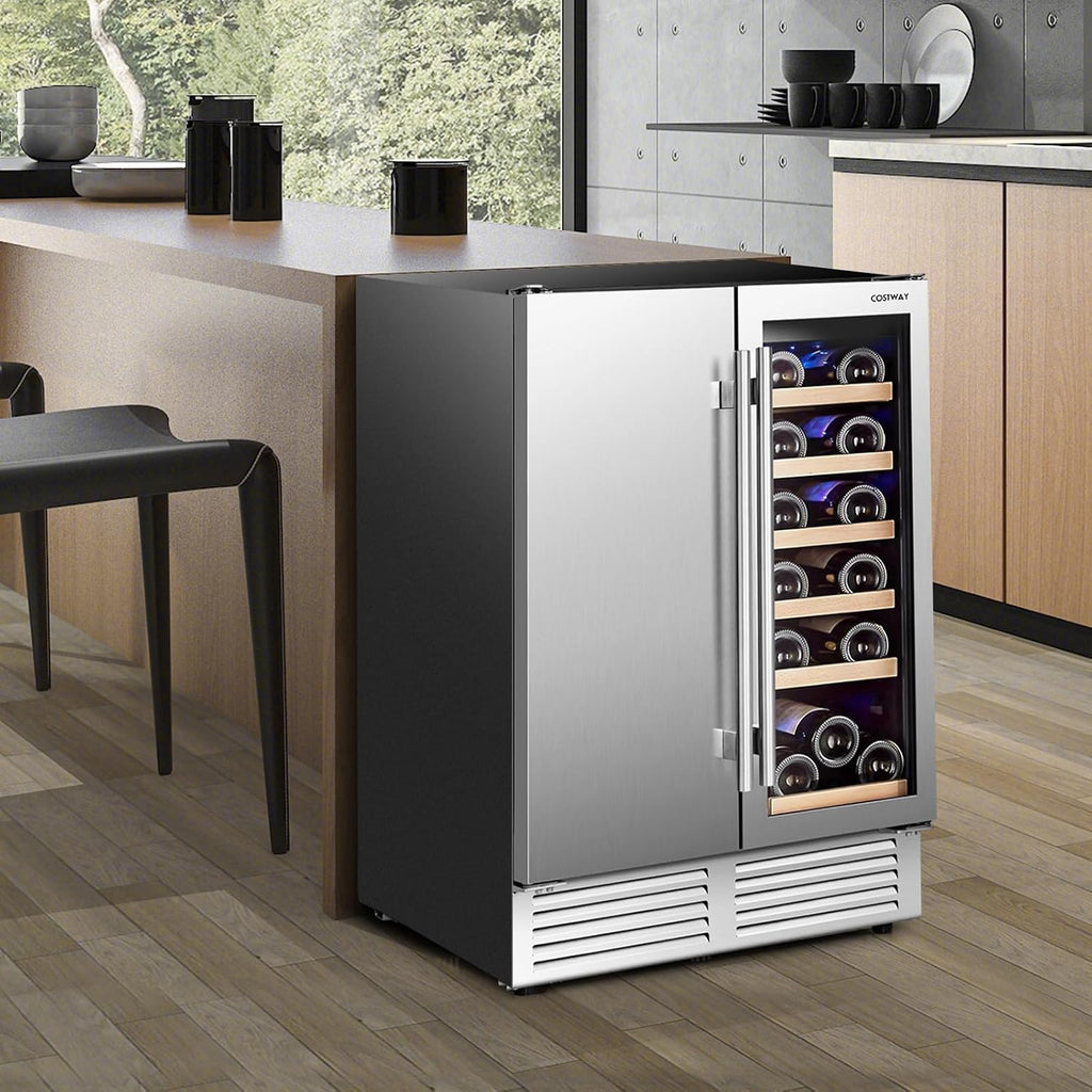 COSTWAY Wine and Beverage Refrigerator, 24 Inch Dual Zone Under Counter Wine Beverage Cooler with Lock, Stainless Steel Door, Built-in & Freestanding Wine Fridge Holds 19 Bottles and 57 Cans