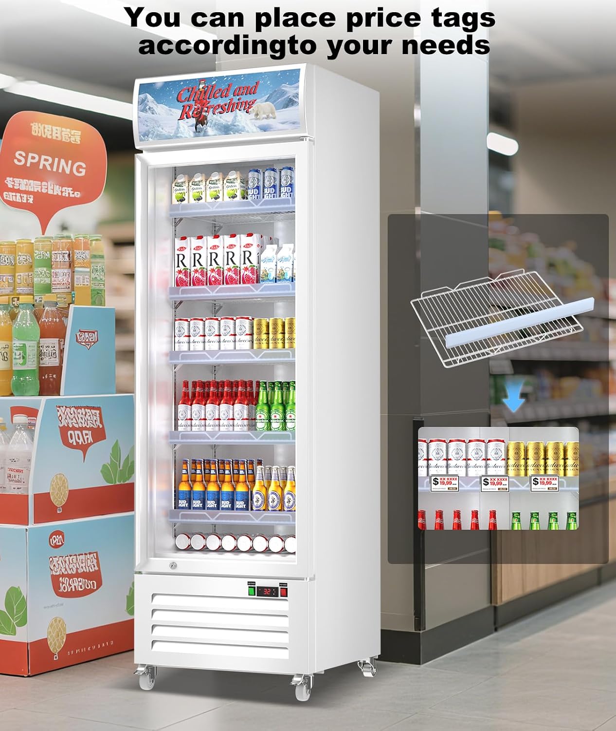 Tylza Commercial Refrigerator with Glass Door Display Beverage Fridge, 13.52 Cu Ft Upright Beverage Cooler Merchandiser with Rebound Door, Fast Cooling, Low Noise, White