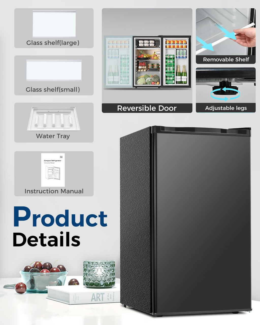 Feelfunn Mini Fridge with Freezer - 3.2 Cu.Ft Single Door Mini Refrigerator with Adjustable Thermostat, Small Fridge for Bedroom, Apartment, Dorm - Black