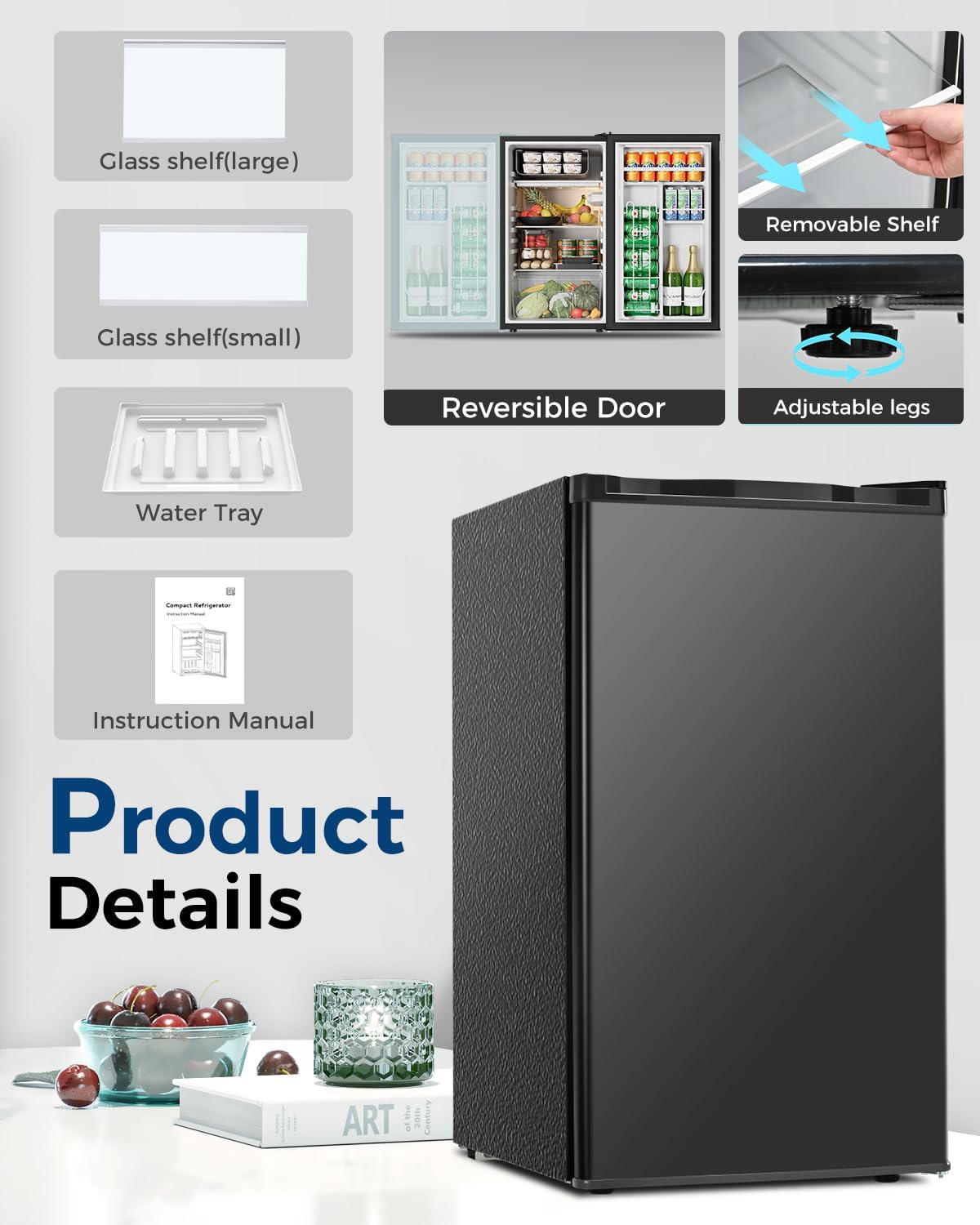 Feelfunn Mini Fridge with Freezer - 3.2 Cu.Ft Single Door Mini Refrigerator with Adjustable Thermostat, Small Fridge for Bedroom, Apartment, Dorm - Black