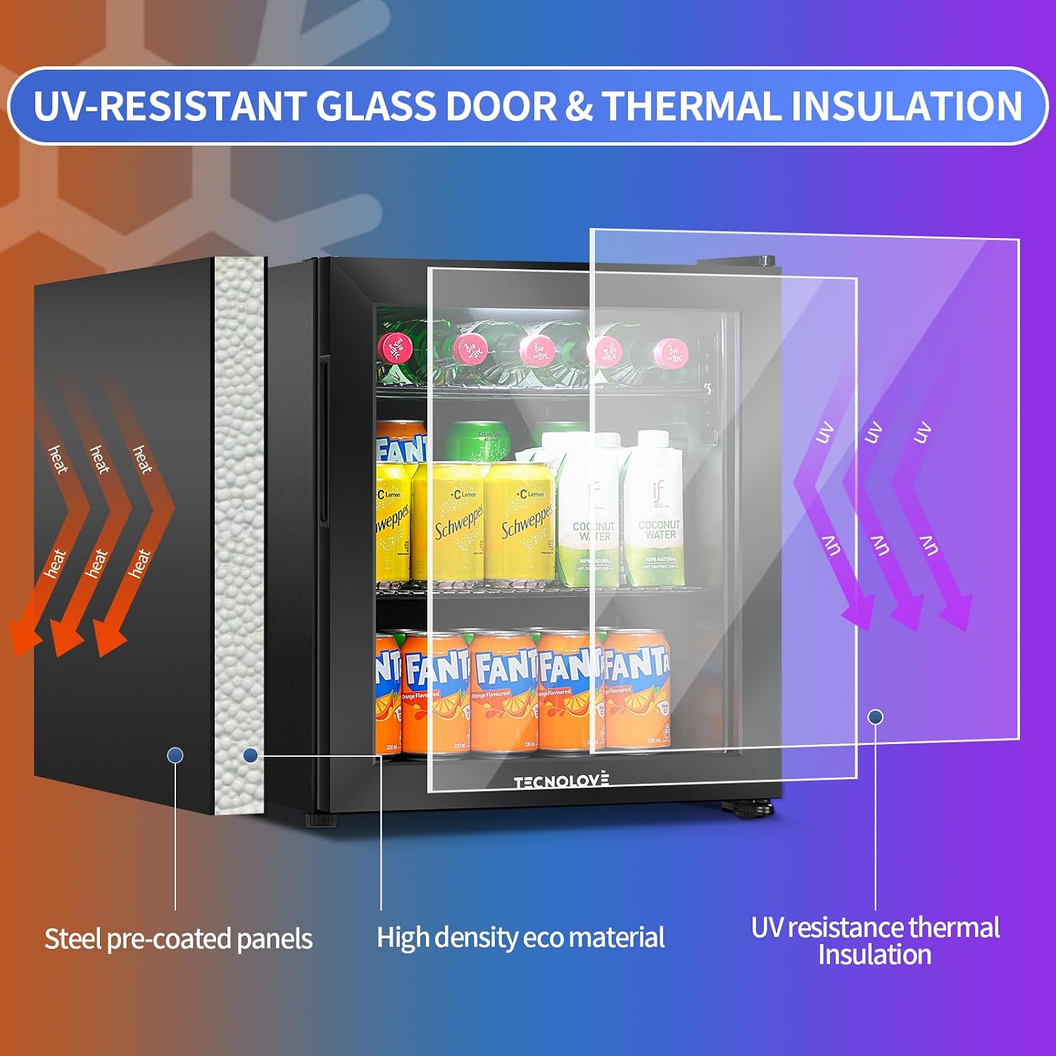 Beverage Refrigerator Cooler,Mini Fridge,Free Standing,1.6 Cu.Ft Cools Down To 32 ℉,Stainless Steel,LED Touchscreen Digital Temp Control,Under Counter,Double-layer Glass Door,Adjustable Shelves,Black