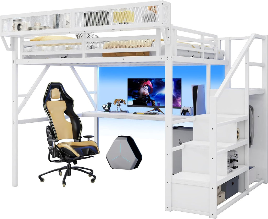 Queen Size Loft Bed with Stairs and Desk, Metal Gaming Loft Bed Frame with Bedside Shelf and Light, Heavy-Duty Adults Lofts Beds with Storage Wardrobe & Charging Station, White
