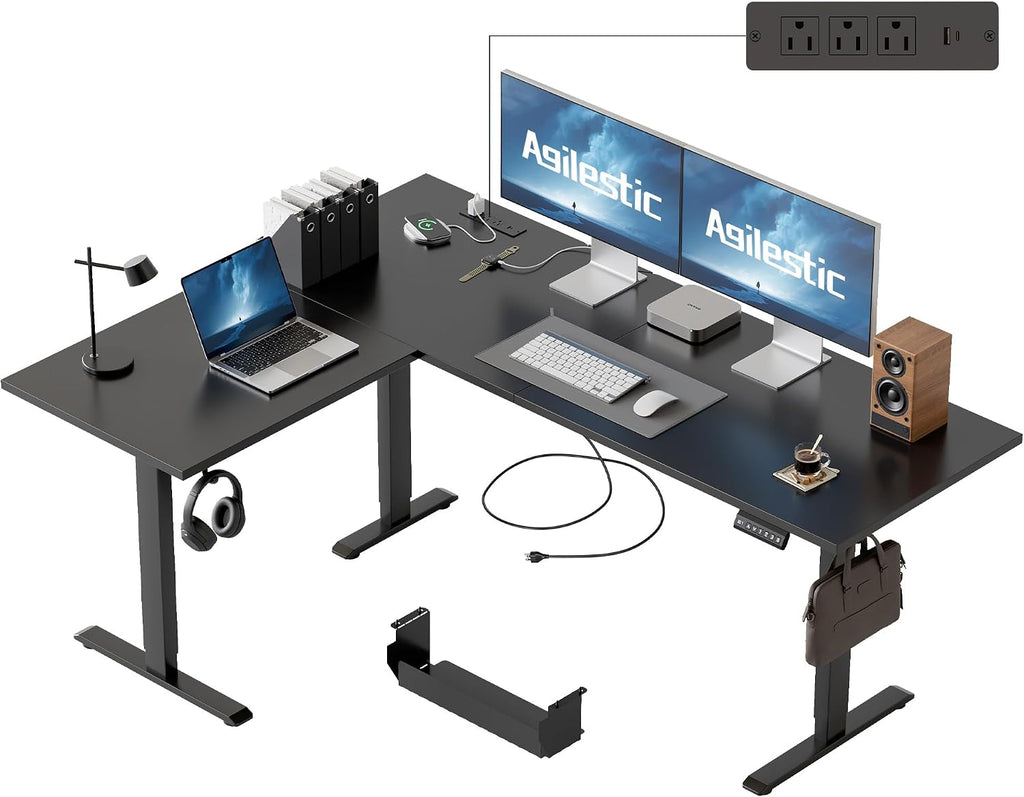 Agilestic Electric L Shaped Standing Desk 63 x 48 Inch with Power Outlet, Height Adjustable Corner Stand up Desk with Cable Management,Sit Stand Home Office Workstation with Splice Board, Black