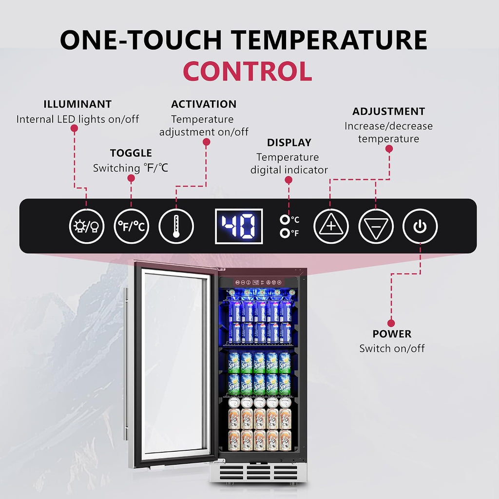 Icyglee 15'' Beverage Refrigerator Cooler - 126 Cans Under Counter Beverage Fridge with LED Light, Built-in Design, Wine Cooler for Home/Kitchen