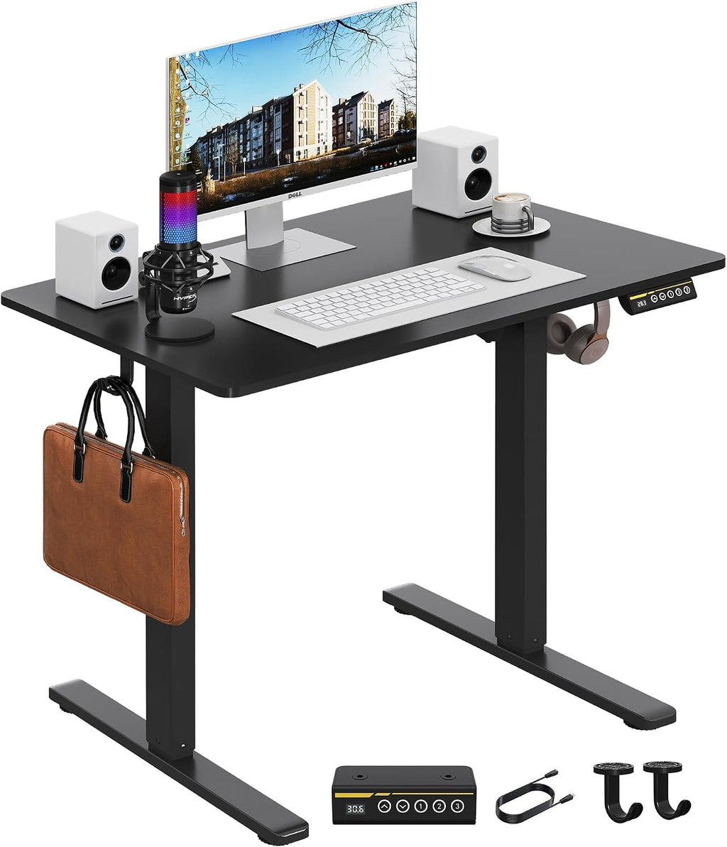 Electric Standing Desk,35x24 Inches Adjustable Height Stand up Desk, Sit Stand Home Office Desk with Splice Board, 3 Preset Heights,Equipped with Hooks,Ergonomic Computer Desk Workstation，Black
