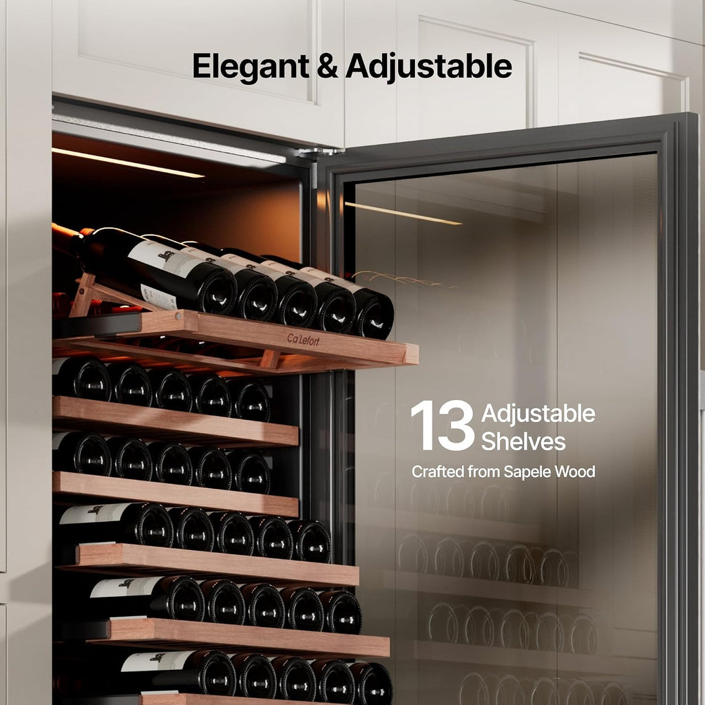 Ca'Lefort 155 Bottle Wine Fridge - 24 Inch Dual Zone Wine Cooler 40-65°F with Bottom Drawer, 13 Adjustable Shelves & 3 LED Lights, Energy Star Certified Built-in or Freestanding for Home/Bar/Kitchen