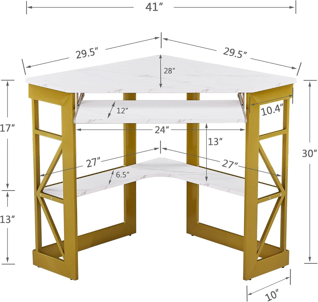 VECELO Corner Desk Computer Desk Writing Table with Smooth Keyboard Tray&Storage Shelves for Small Spaces/Compact Home Office Triangle Table,Gold & White
