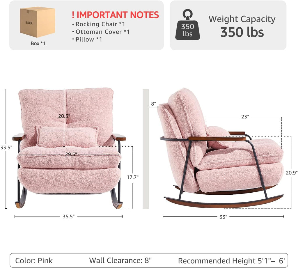 zyz Nursery Rocking Chair with Pillow, Teddy Upholstered Oversized Accent Chair Rocker Recliner, Solid Wood Frame, DIY Ottoman Footrest, Lazy Sofa for Living Room Bedroom (Teddy, Pink)