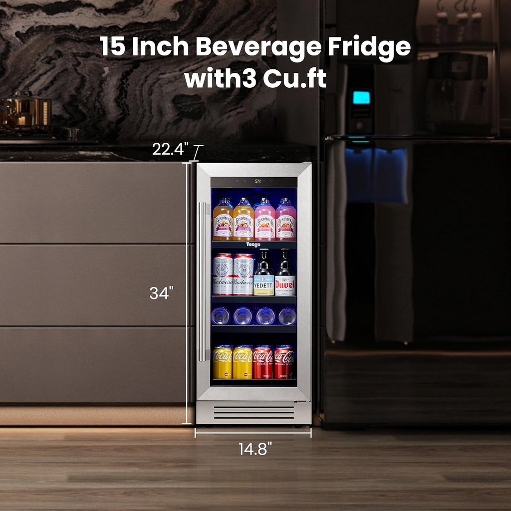 Yeego 15 Inch Beverage-Refrigerator, Beverage Cooler Stainless Steel Refrigerator Built-in or Freestanding, Small Wine Fridge with Glass Door, Drink Fridge for Beer, Soda, Wine