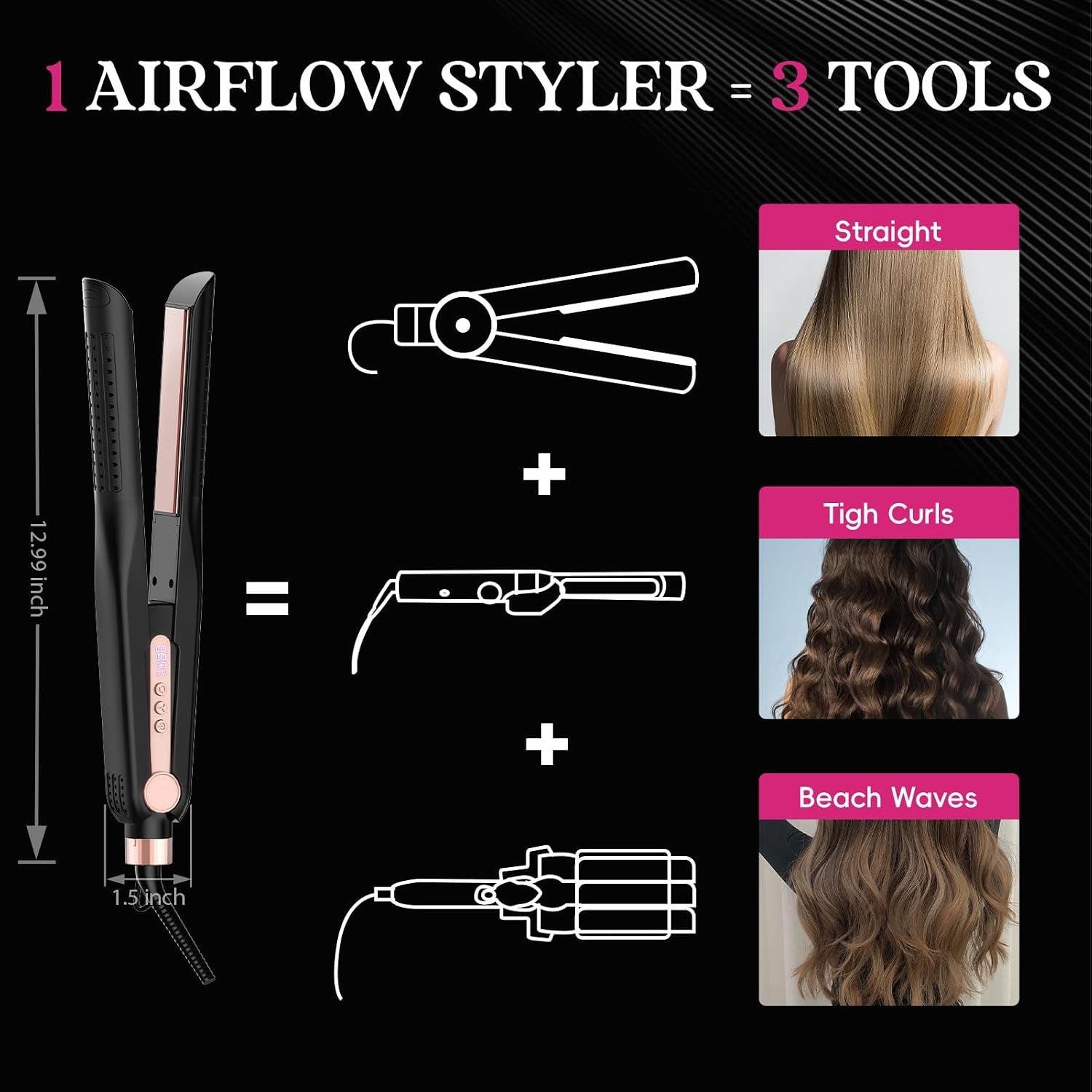 SKIMI Airflow Styler 2.0 Titanium Flat Iron Hair Straightener & Curling Wand, 96 Cool Air Vents for 48H Lasting Style, Dual Voltage for Travel & Home, Anti-Tangle, 5 Temps (Black & Blush).