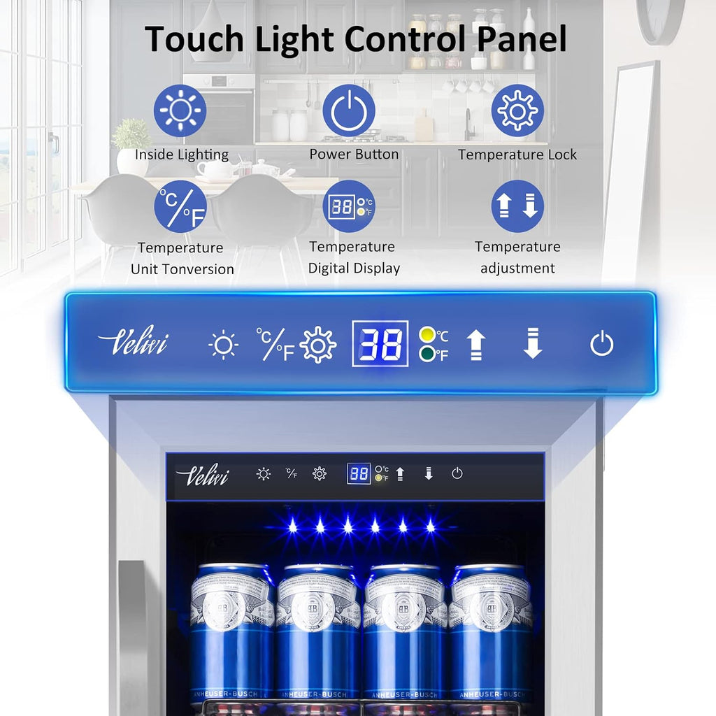Velivi 15 Inch Beverage Refrigerator and Cooler - 125Cans Capacity Mini Beer Drink Fridge with Glass Door and Lock Under Counter Built-in or Freestanding - for Soda, Beer, Wine - for Home Bar Kitchen