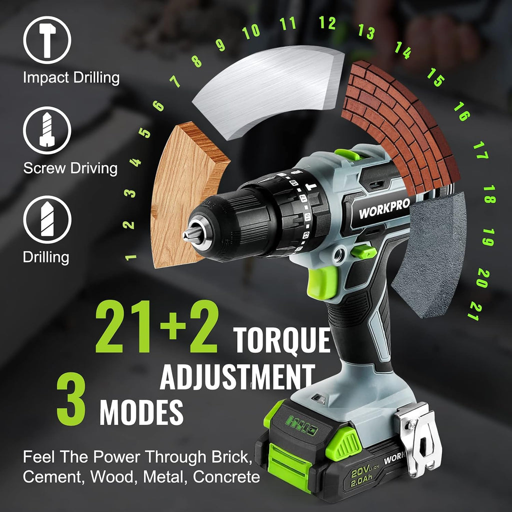 WORKPRO 20V Max Cordless Drill Driver Set, Electric Power Impact Drill Tool with 100 Pieces Accessories, 1/2'' Chuck Impact Drill Kit with Portable Case, 2 x 2.0Ah Li-ion Batteries with Fast Charger