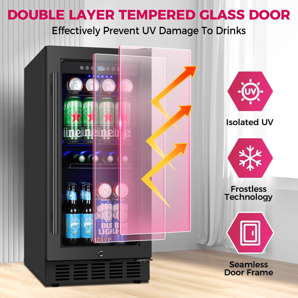 15 Inch Beverage Cooler Refrigerator, 15' Beverage Cooler Under Counter 130 Cans Beverage Fridge with Glass Door, Freestanding or Built-In Mini Drinks Fridge with Lock for Soda, Beer, Black