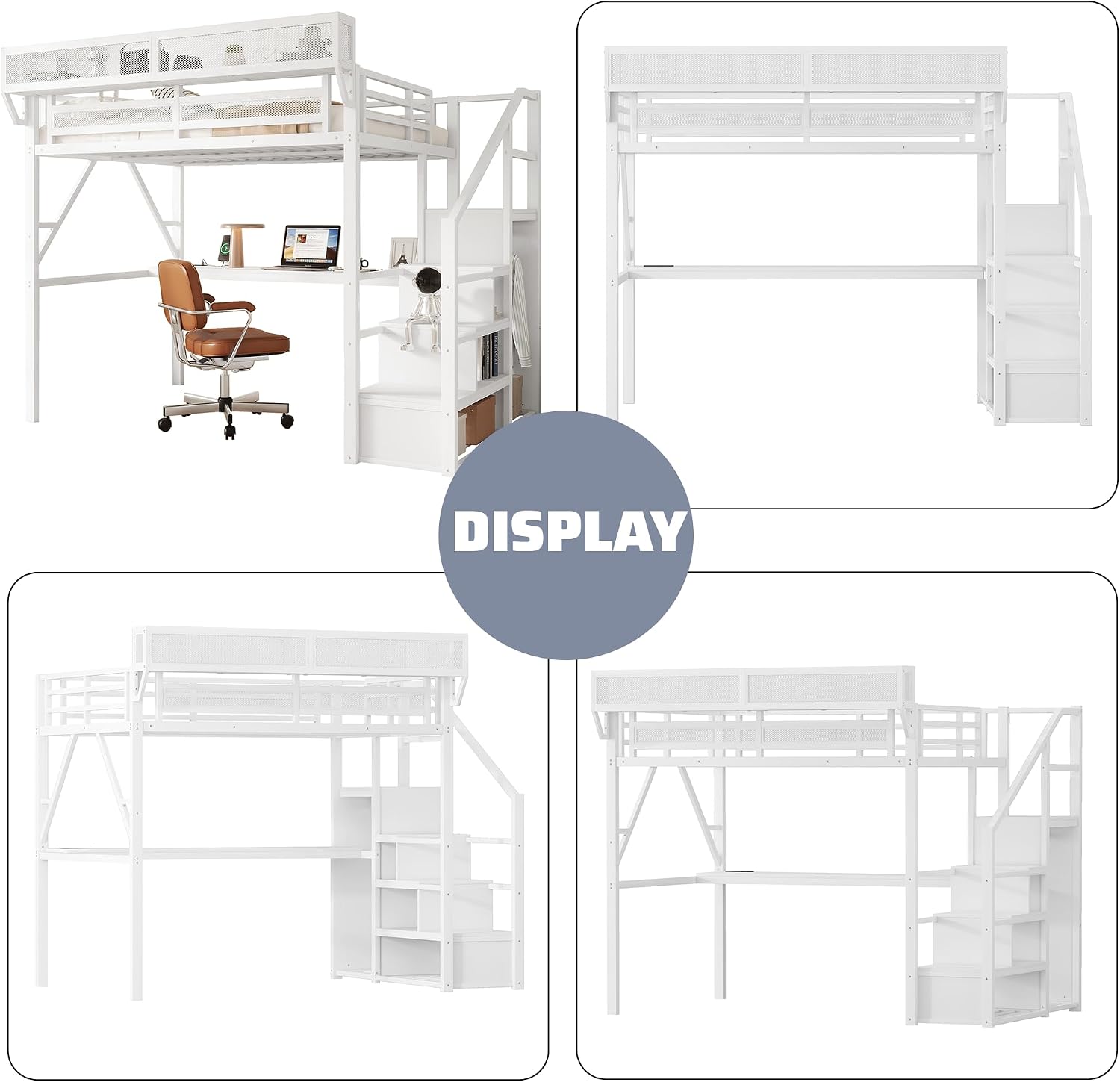 Full Loft Bed with Desk and Stairs, Metal Lofts Bed Full Size with Upper Storage Shelf, Gaming LoftBed with LED, Charging Station and Wardrobe for Teens, Adults,White
