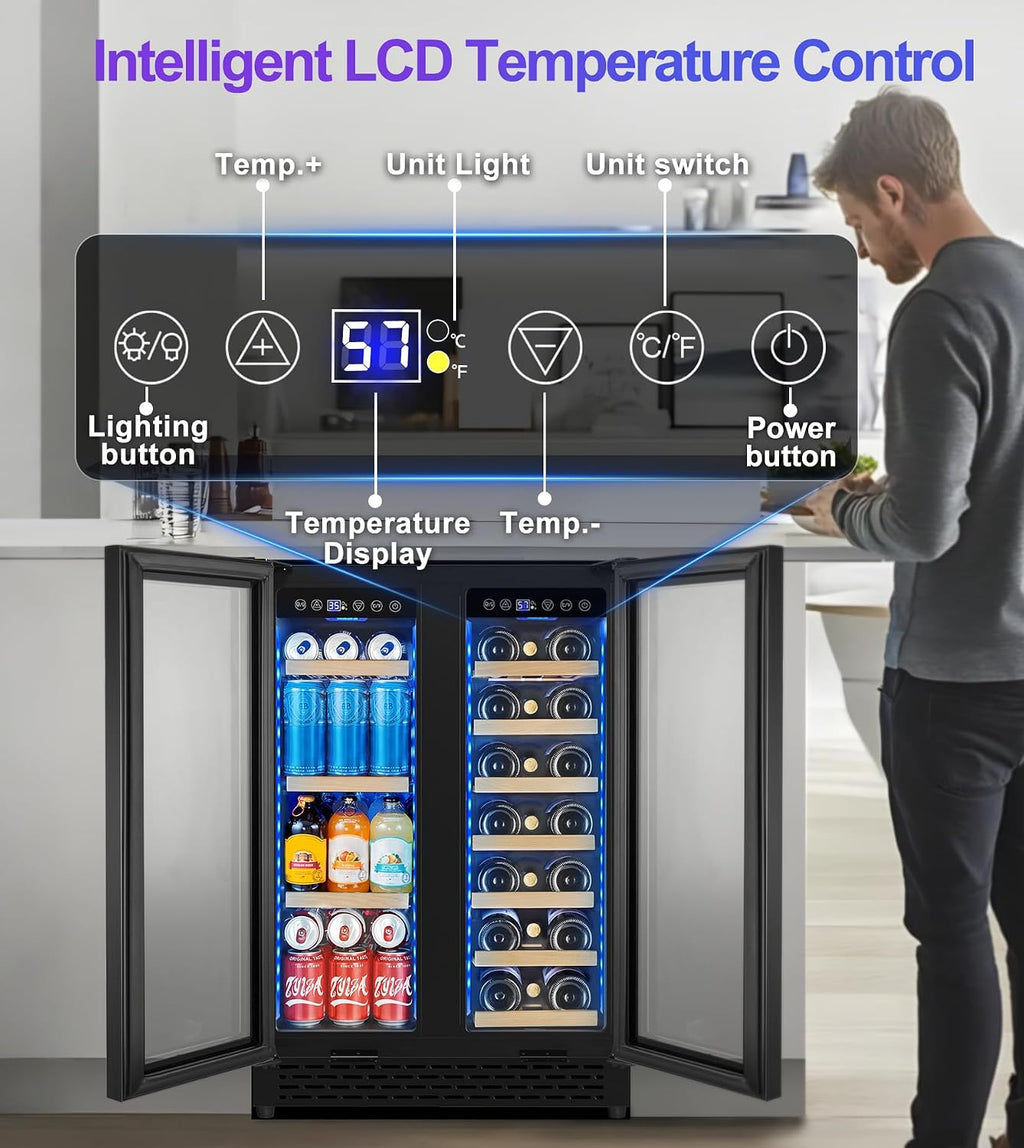 24'' Wine and Beverage Refrigerator, 4.2 Cu. Ft. Dual Zone Wine Fridge with RGB Lights French Door Intelligent Control Advanced Compressor Under Counter Cooler for Outdoor Kitchen Bar Gift Black
