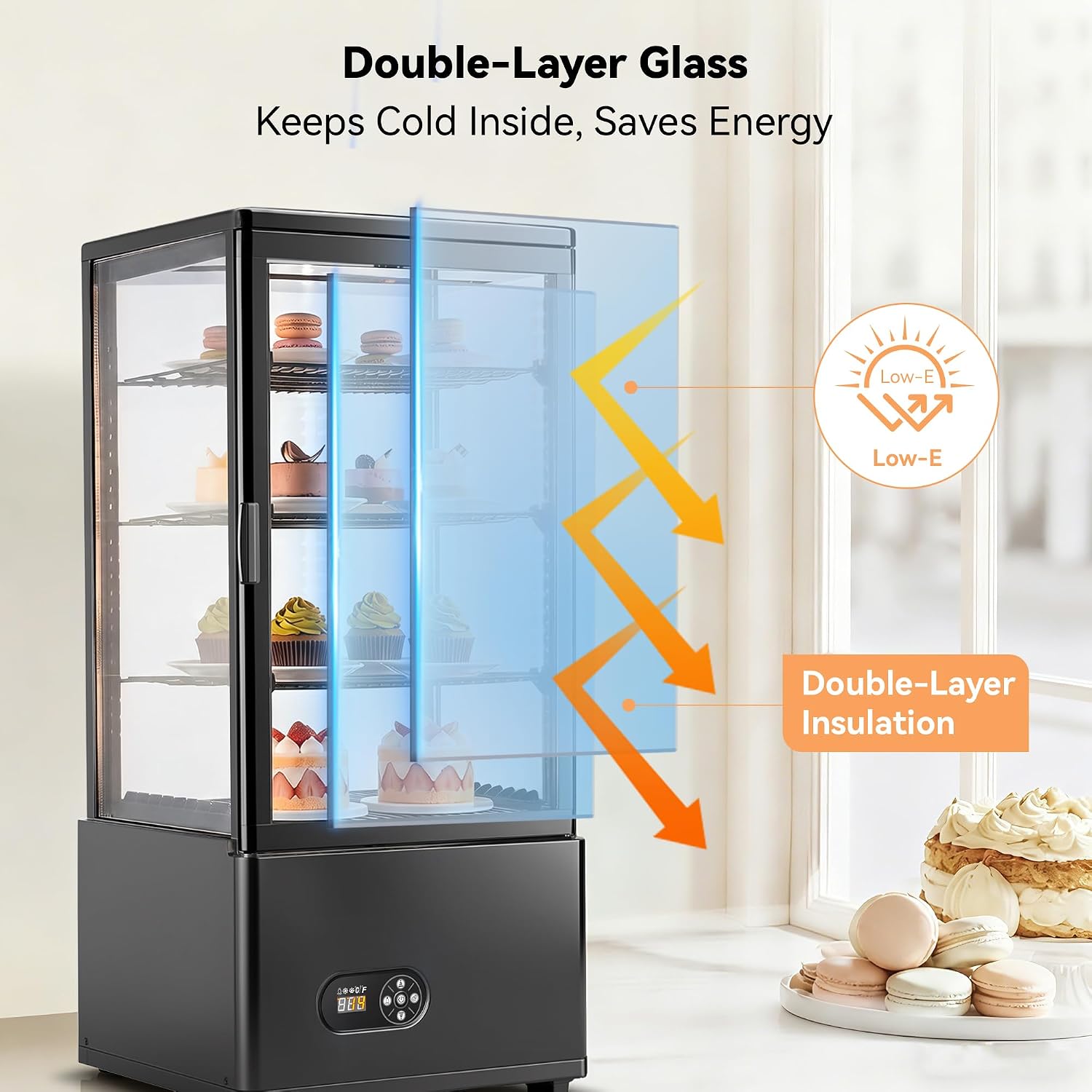 Tylza Refrigerated Display Case Countertop, 2.7 Cu.Ft/78L Commercial Display Refrigerator, LED Lighted Showcase, Double Glass Door, 32-54°F, Auto Defrost Air Cooling for Bakery, Cafe, Store