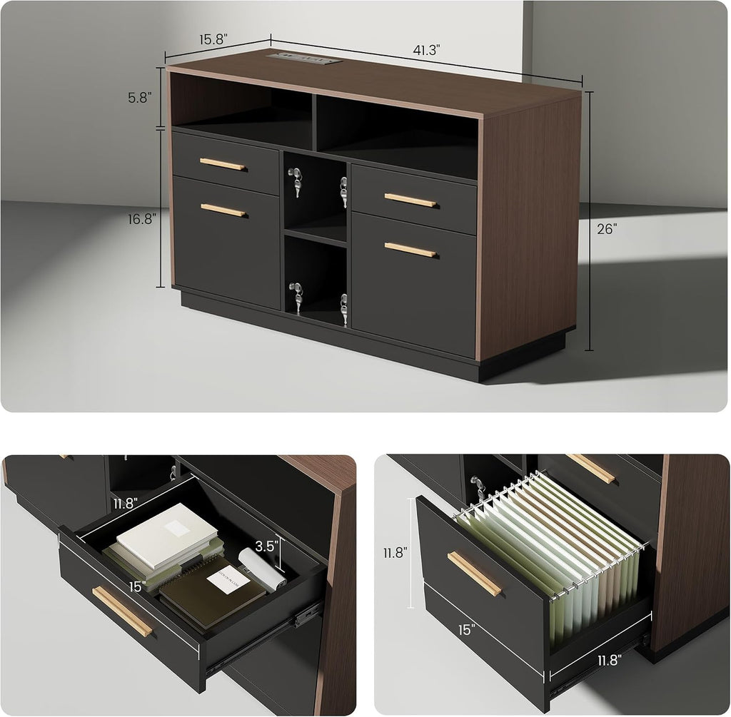 ModernMate 71' Standing Desk with File Cabinet, AC/USB, 1.18' Desktop, L Shaped Height Adjustable Desk, Electric Furniture Set with Multiple Functions for Home and Office, Black Walnut