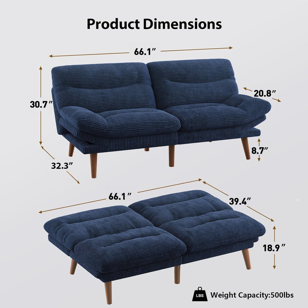 Pipishell Futon Sofa Bed, 66 Inch Corduroy Futon Couch Convertible with Adjustable Backrest and Armrests, Recliner Sleeper Sofa for Small Spaces, Living Room, Office, Guest Room (Blue, 66 Inch)