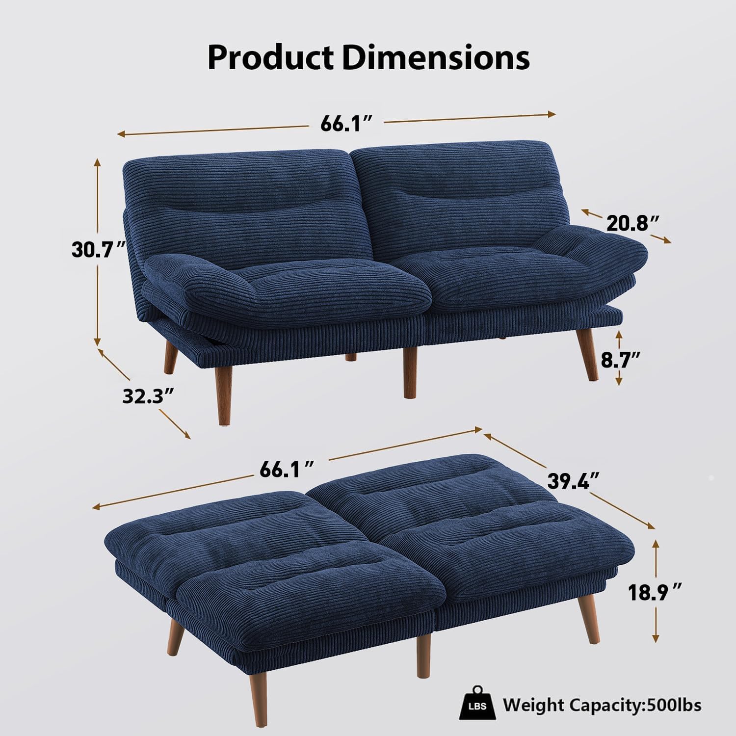 Pipishell Futon Sofa Bed, 66 Inch Corduroy Futon Couch Convertible with Adjustable Backrest and Armrests, Recliner Sleeper Sofa for Small Spaces, Living Room, Office, Guest Room (Blue, 66 Inch)