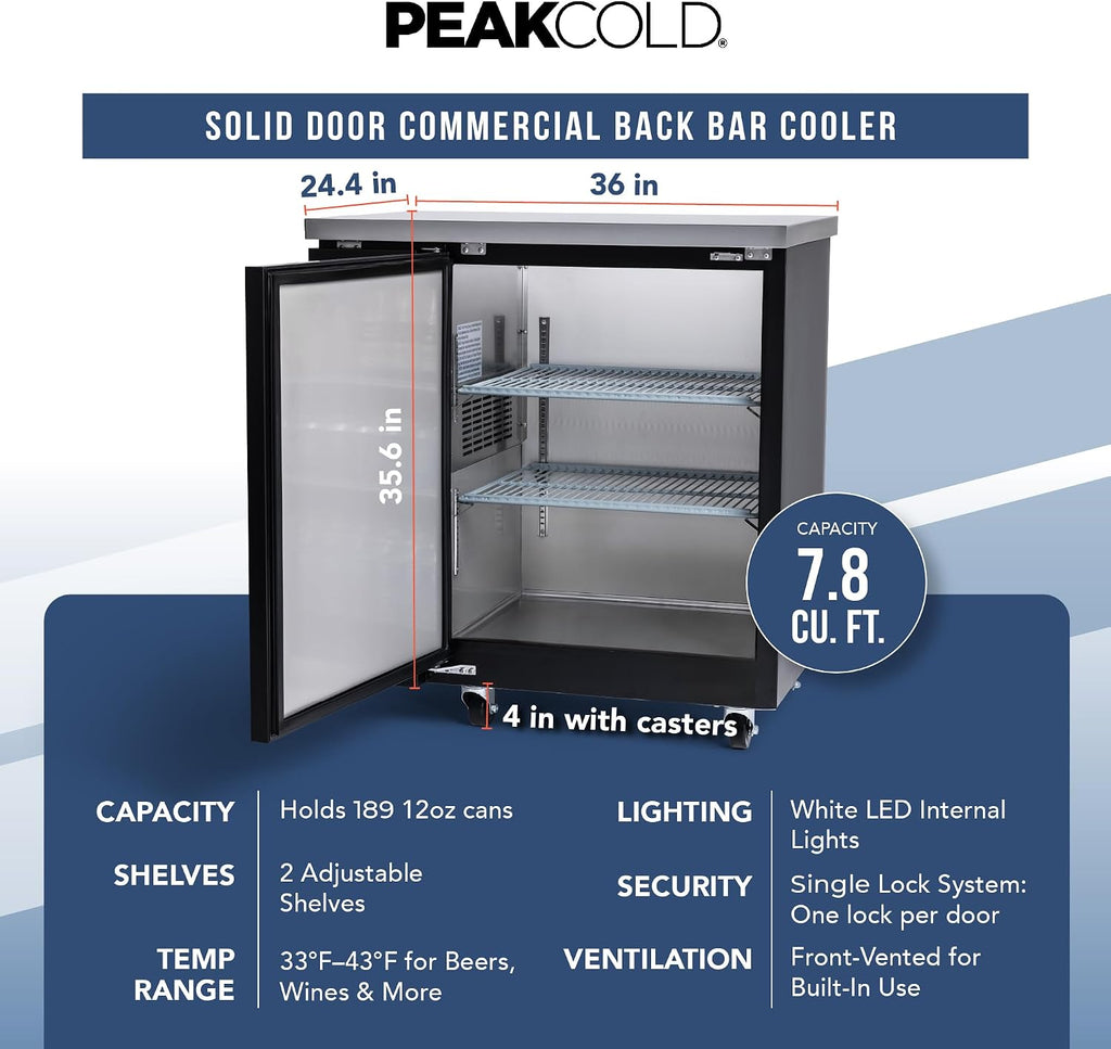 PEAKCOLD 1-Door Counter Height Beverage Refrigerator - 36' Wide Energy Efficient Solid Black Beer Cooler & Bar Fridge With White LED Lighting - Commercial Back Bar Cooler