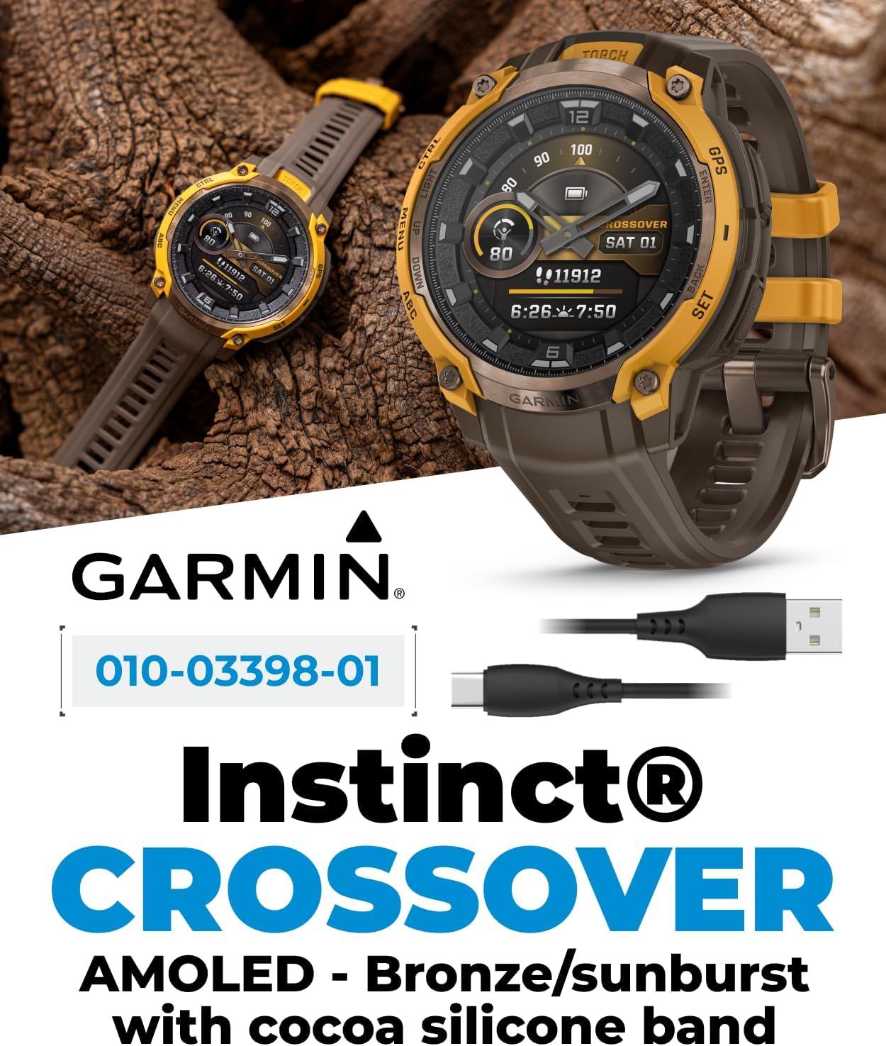 Garmin Instinct Crossover 1.2' AMOLED Sapphire Rugged Hybrid GPS Smartwatch, Analog Hands, Health & Wellness Monitoring, Sleep Tracking, Charcoal White Earbuds Bundle