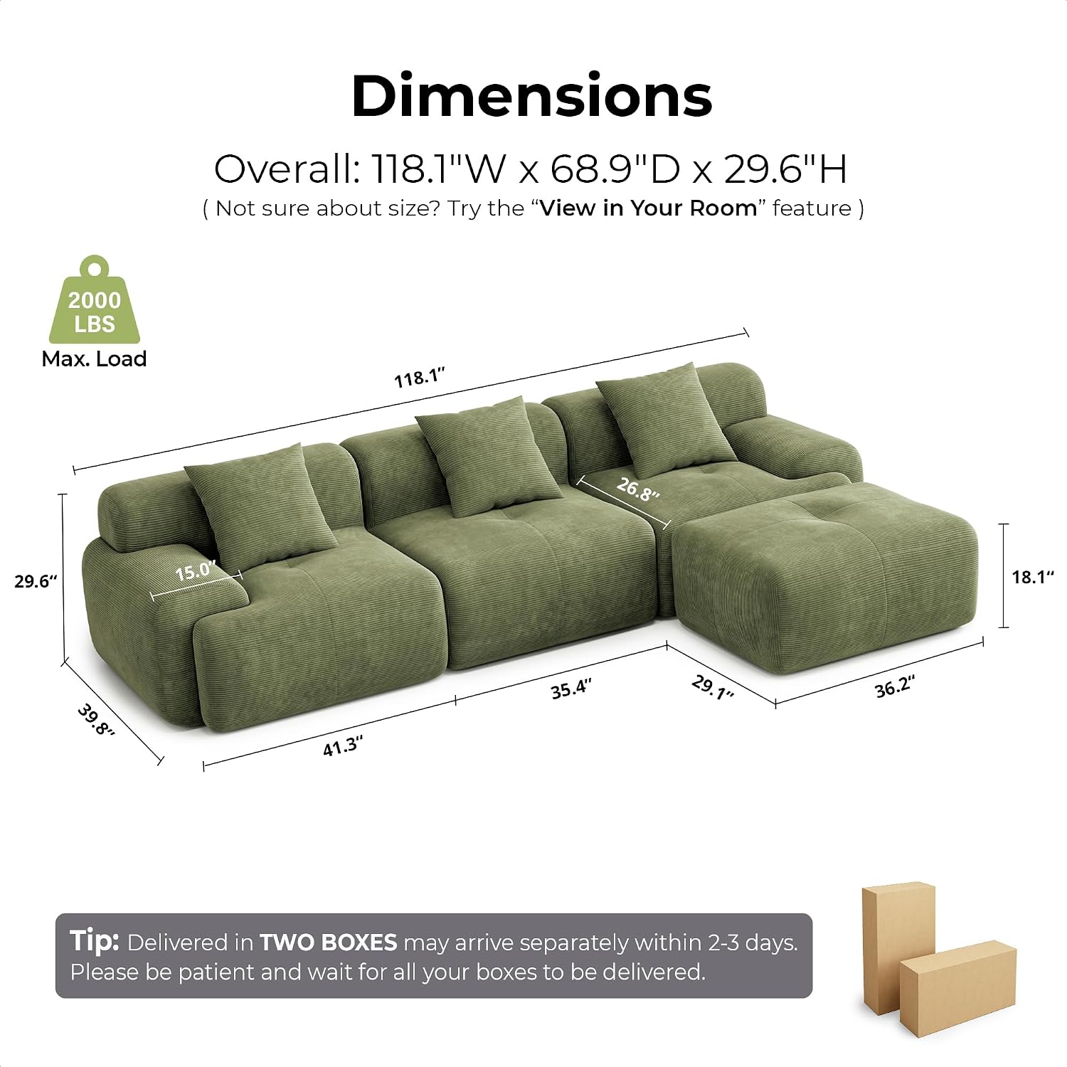 LIKIMIO LumiCord Modular Sectional Sofa with Ottoman, 118' L-Shaped Boneless Couch for Living Room, Oversized Deep Seat with Corduroy Upholstery, No Assembly Required, Olive Green