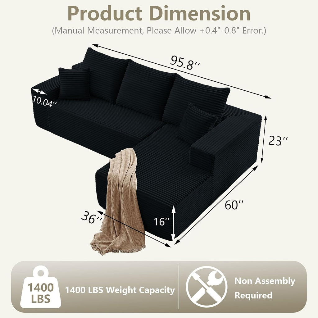 95.8' Cloud Sectional Couch with L-Shape Chaise, Modern Modular Comfy Sofa Chaise Longue, Upholstered Corduroy Couches Sleeper with Deep Seat for Living Room Bedroom, No Assembly Required, Black