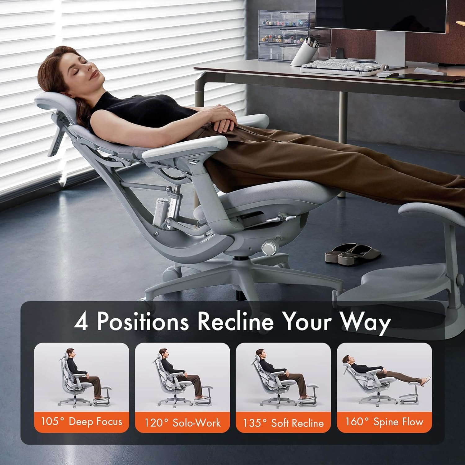 LiberNovo Dynamic Ergonomic Office Chair - Comfy Adjustable Desk Chair with Adaptive Lumbar Support, 160° Recline & Built-in Spine Stretch for Back Comfort, Home Office Long Hours Use, Gray+48cm