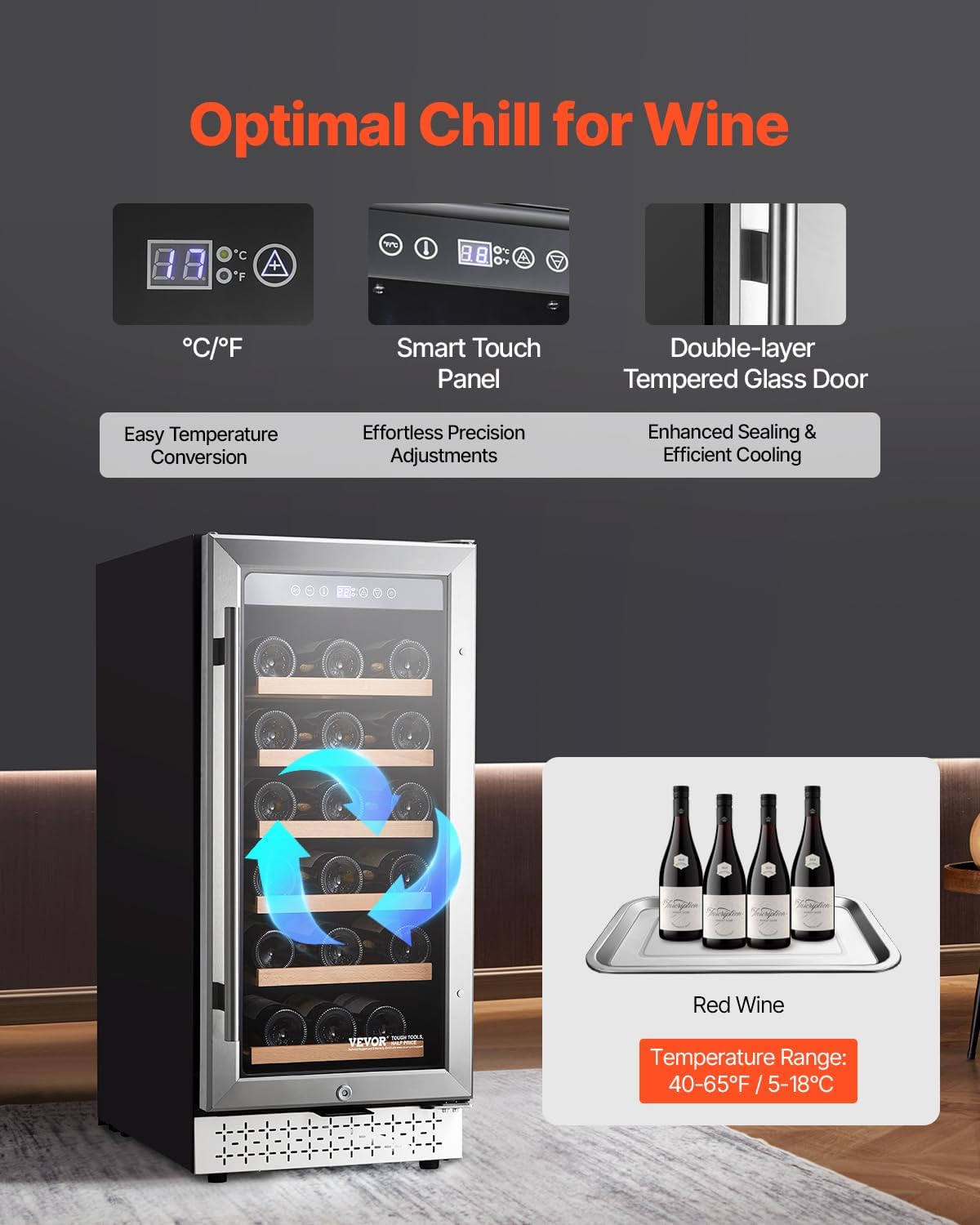 VEVOR YC-100A, 28, Mini Wine Refrigerator with Glass Door, Adjustable Shelves, Digital Temperature Control, Built-in & Freestanding Cooler Fridge for Home, Office, Bar, 32 Bottle, Sliver