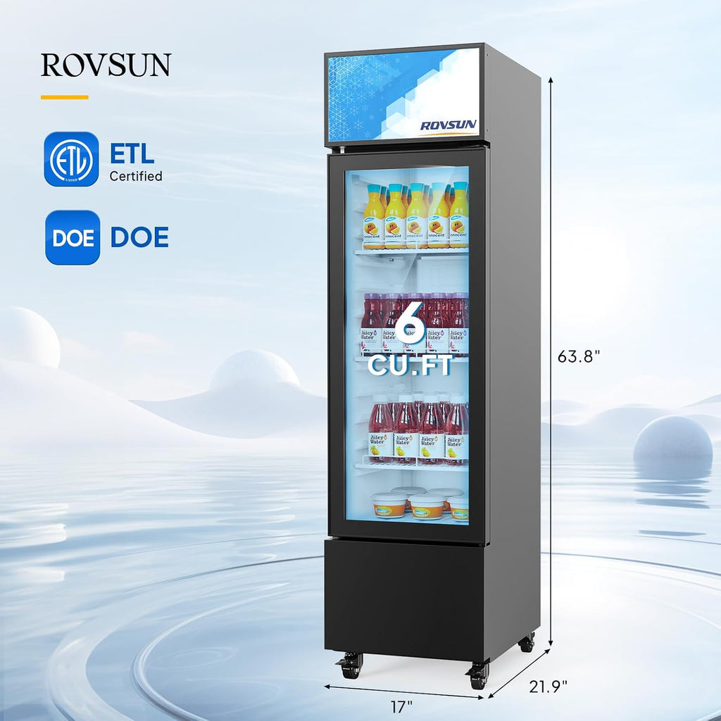 ROVSUN 6 Cu.Ft Commercial Beverage Refrigerator ETL NSF, Slim Merchandiser Refrigerator Display Refrigerator Beverage Cooler Glass Door Fridge w/Adjustable Shelves LED Light for Bar Restaurant Cafe