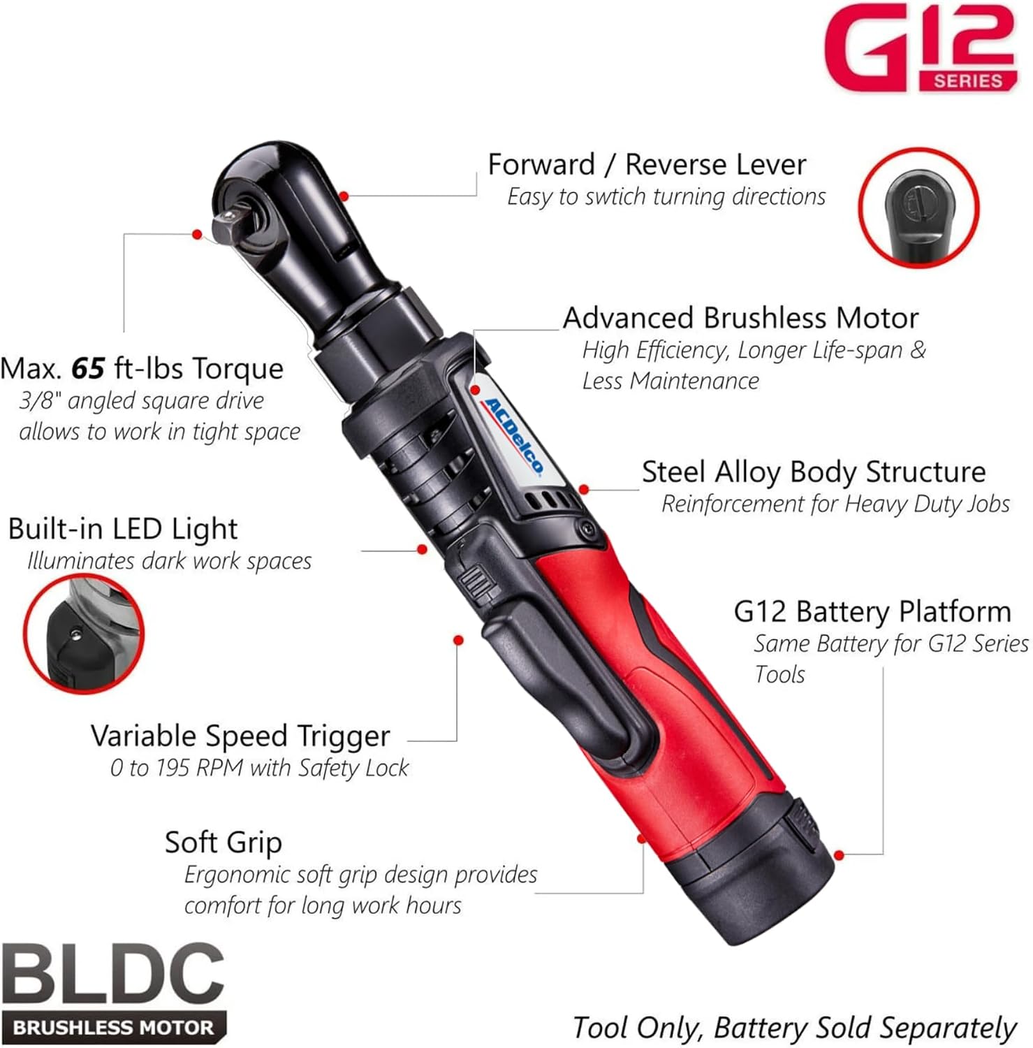 ACDelco G12 12V Cordless Combo Kit – Mini Polisher, 3/8' Impact Wrench (90 ft-lbs), Ratchet Wrench (55 ft-lbs) with 2 Li-Ion Batteries & Fast Charger, Auto Repair & DIY Tools