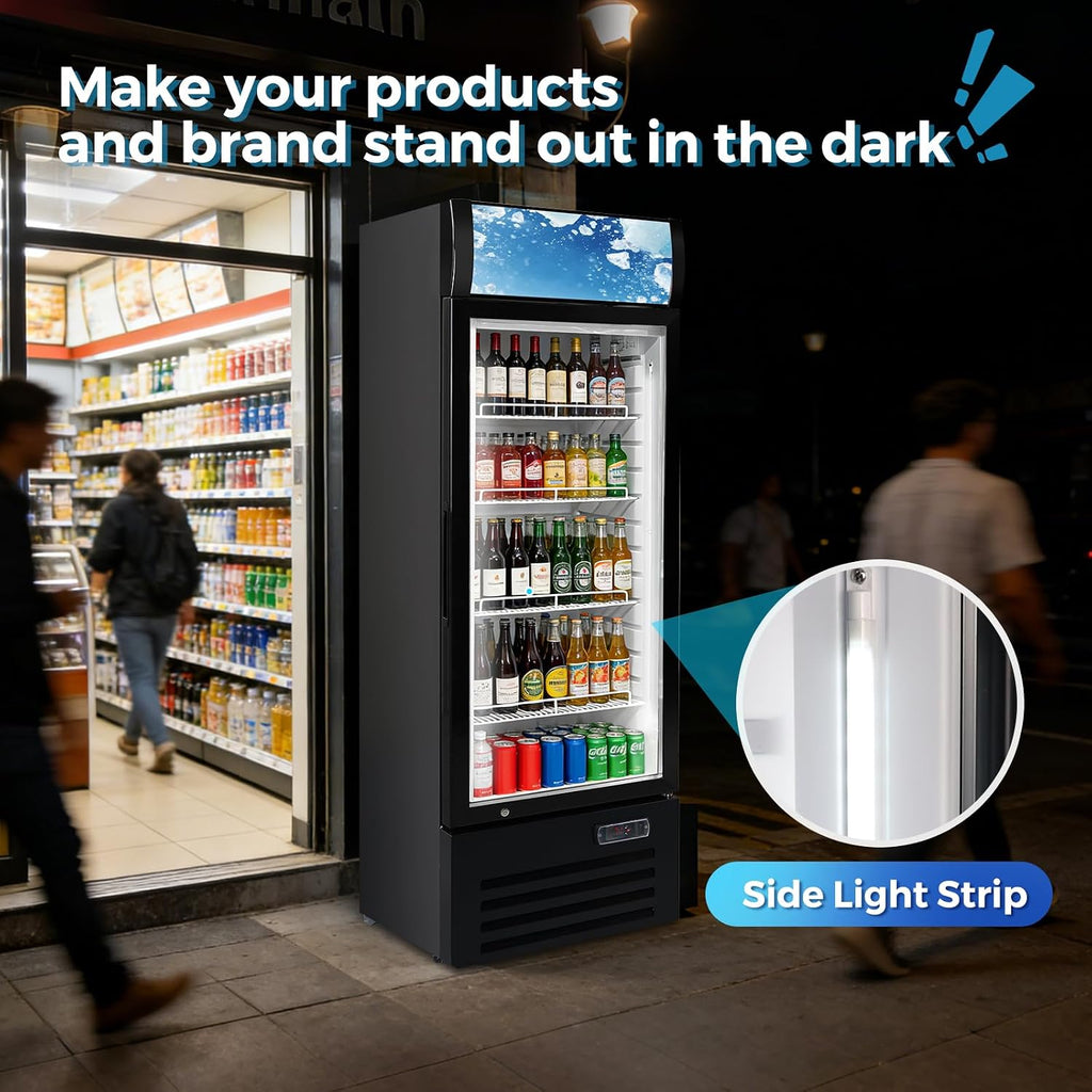 12.5 Cu Ft Commercial Beverage Refrigerator with 1 Glass Doors - Upright Drink Cooler Merchandiser with LED Light Display, 4 Adjustable Shelves, Black, ETL Approved for Business & Retail