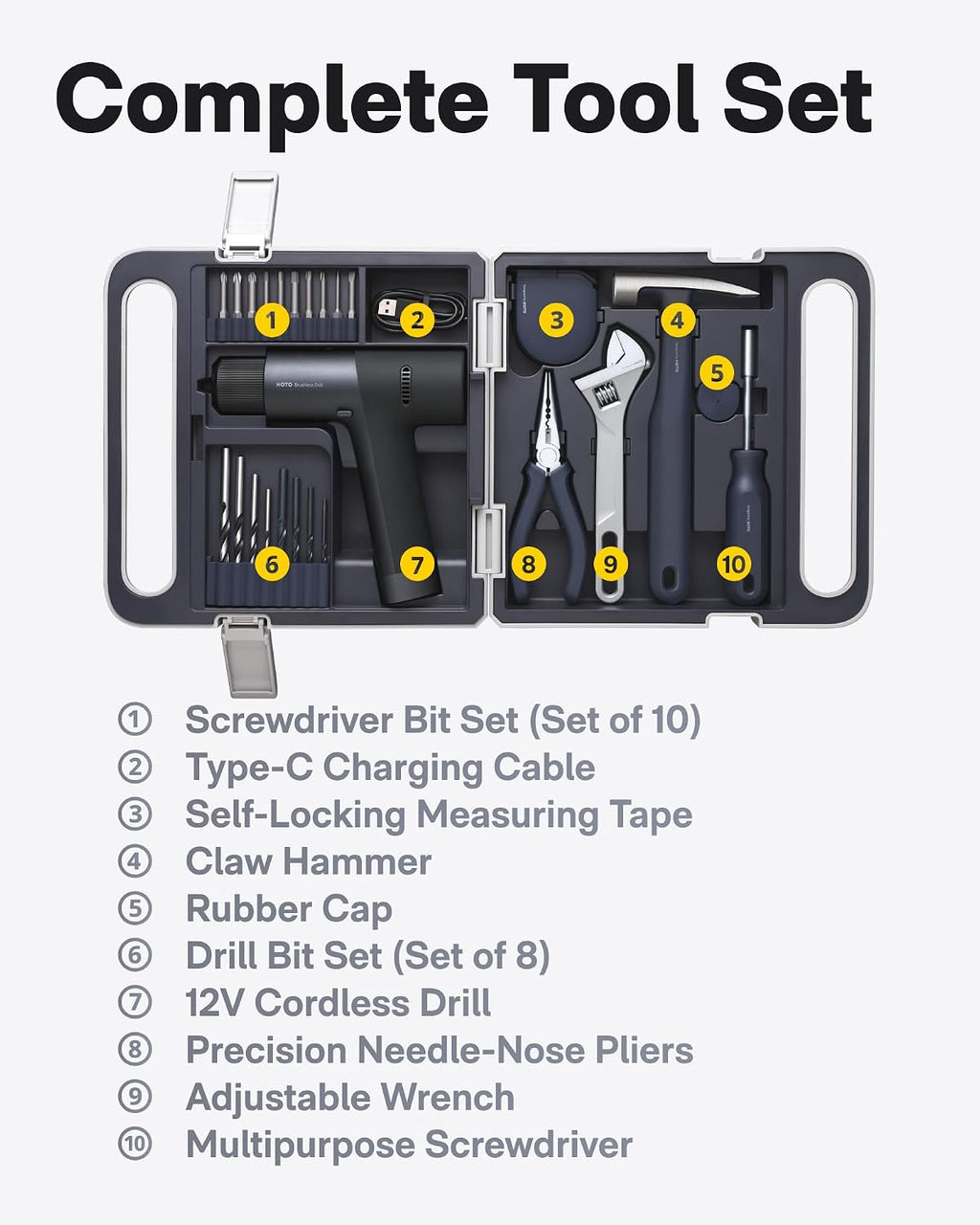 HOTO Cordless Brushless Drill Tool Set, Variable Speed, Hidden Buckle, Unique LED Screen, Intelligent Digital Display, Exquisite & Practical, High-end Drill Kit for Home/Daily Use