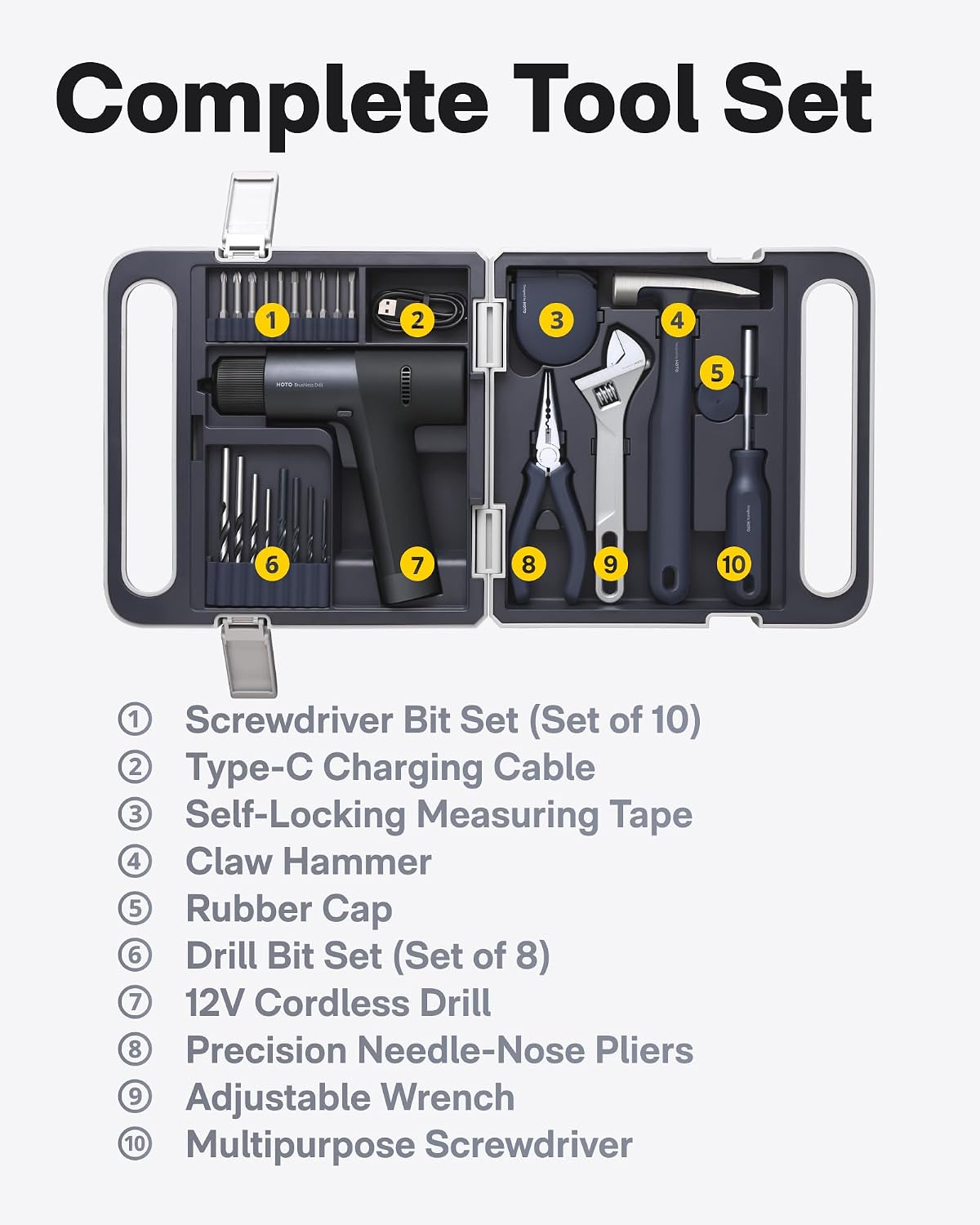 HOTO Cordless Brushless Drill Tool Set, Variable Speed, Hidden Buckle, Unique LED Screen, Intelligent Digital Display, Exquisite & Practical, High-end Drill Kit for Home/Daily Use