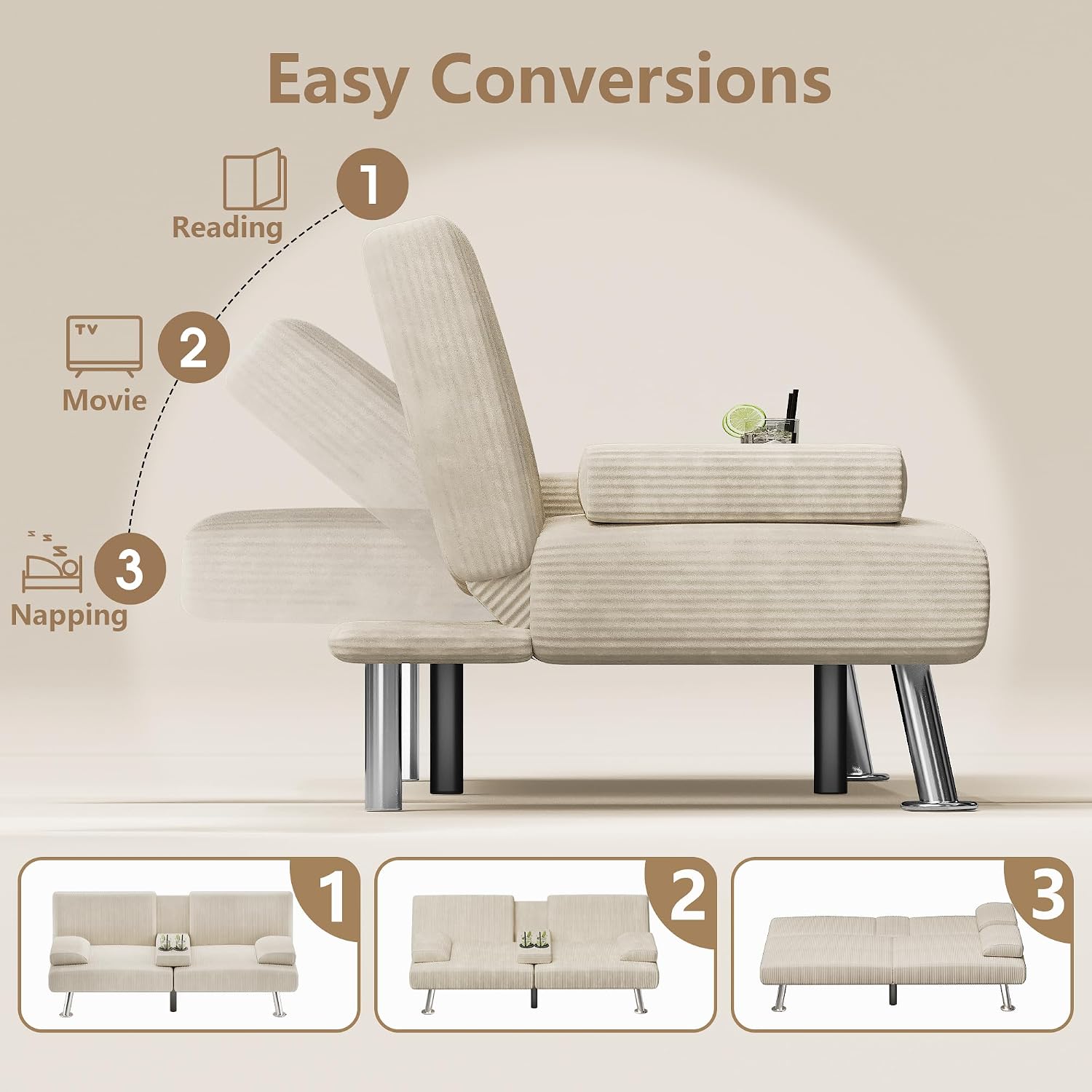 Flamaker Futon Sofa Bed Corduroy Folding Couch Adjustable Sleeper Sofa Bed for Small Apartment Upholstered Living Room Furniture Set with 2 Cup Holders Removable Armrests (Corduroy, Beige)