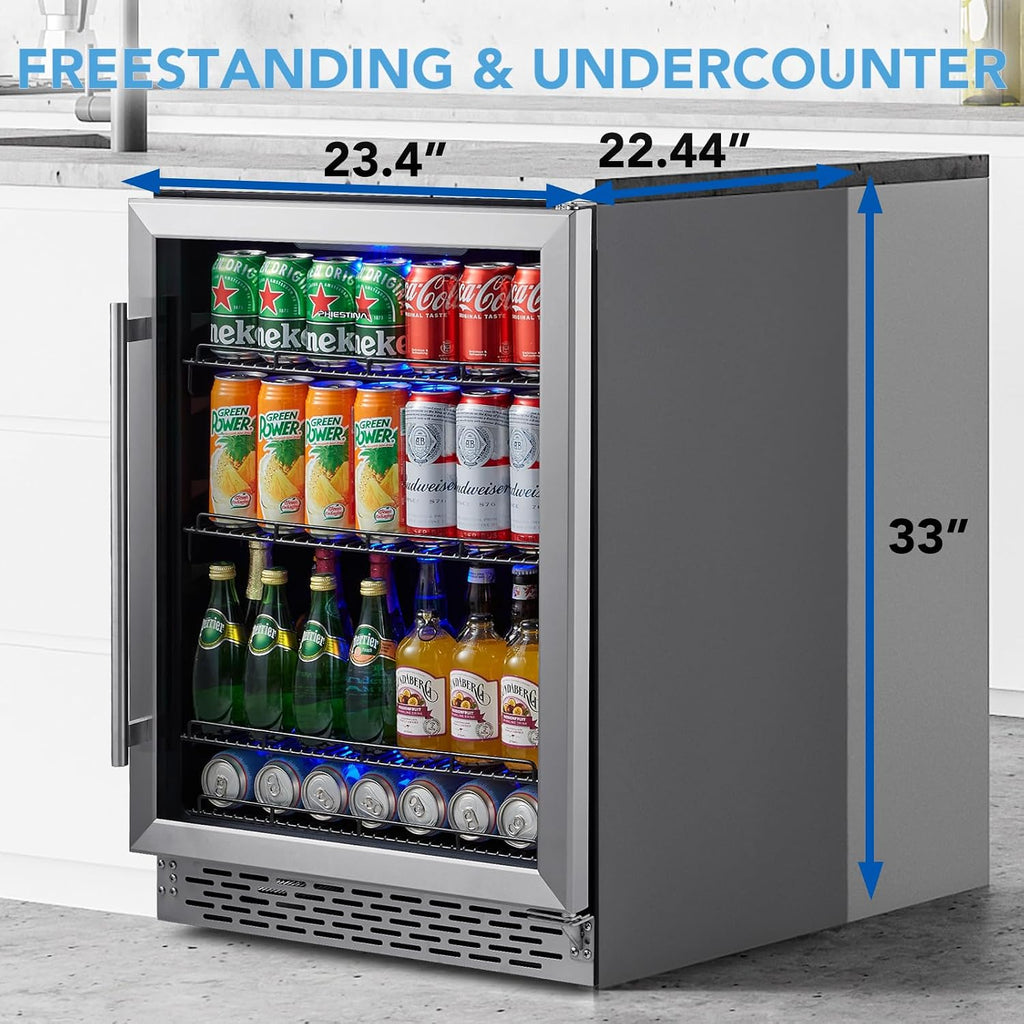 Phiestina Beverage Refrigerator 175 Cans Under Counter Beer Cooler 24 inch Quiet Built-in or Freestanding Beverage Fridge Glass Door Auto Defrost 5 Removable Shelves for Home Bar Office