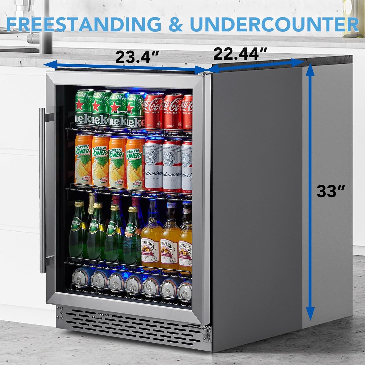 Phiestina Beverage Refrigerator 175 Cans Under Counter Beer Cooler 24 inch Quiet Built-in or Freestanding Beverage Fridge Glass Door Auto Defrost 5 Removable Shelves for Home Bar Office