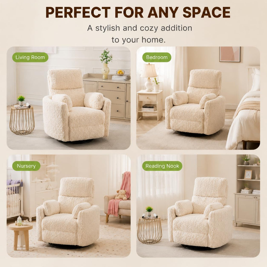 Nursery Rocking Chair, Boucle Upholstery Recliner with 2 Pillow, Swivel Glider Reclinerr, Power Reclining Sofa Chair for Living Room/Office/Apartment/Off-White