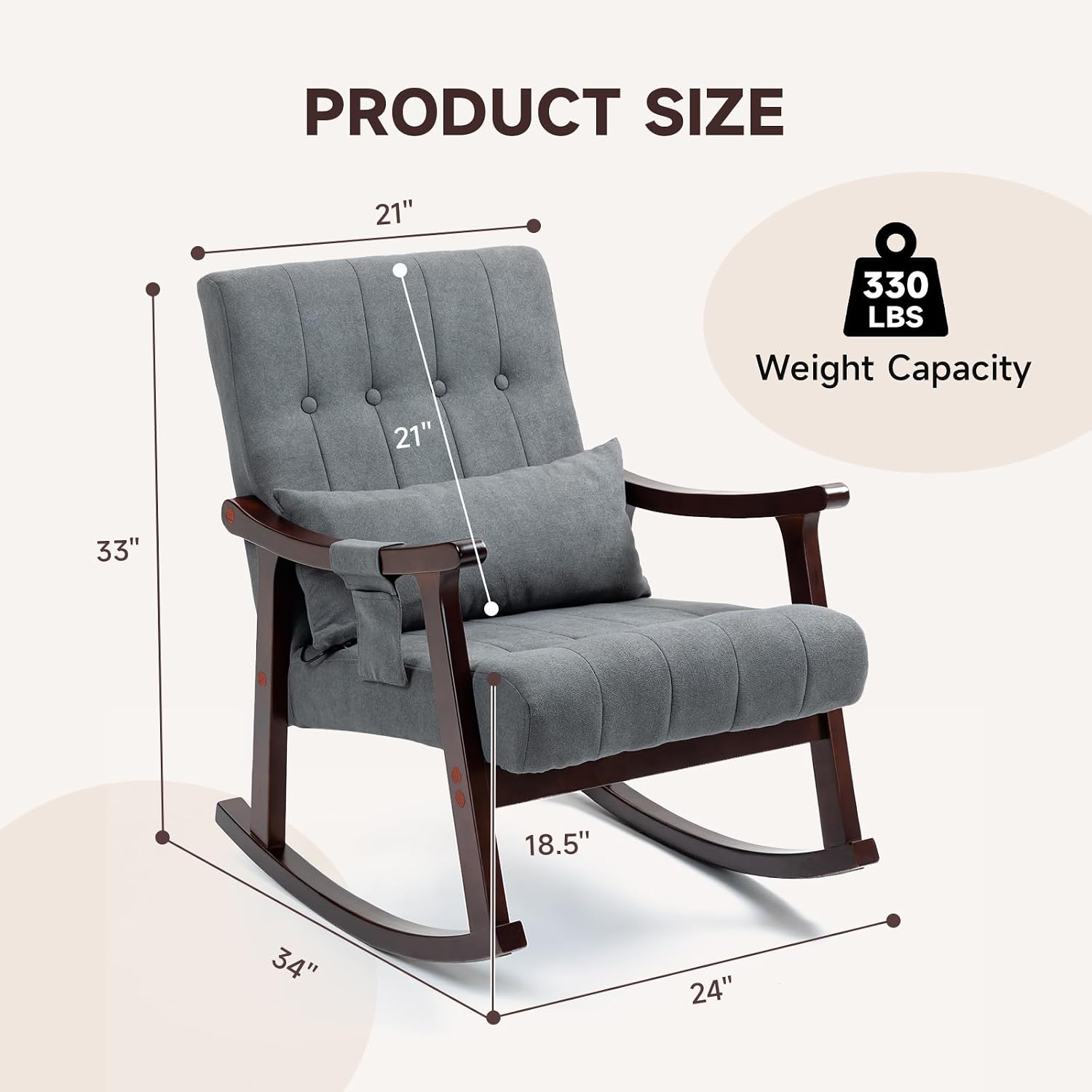 AVAWING Upholstered Rocking Chair, Small Fabric Glider Rocker with 2-Point Massage Lumbar Pillow and Solid Wood Legs, for Bedroom and Living Room, Dark Grey