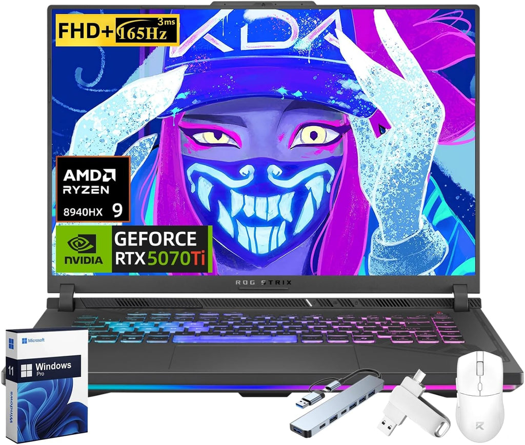ASUS ROG Strix G16 Gaming Laptop, AMD Ryzen 9 8940HX (Turbo 5.3GHz), NVIDIA RTX 5070Ti 12GB GDDR7, 16' FHD WUXGA 165Hz Nebula Display, 64 GB DDR5, 1 TB SSD, Windows 11 Pro, Accessories