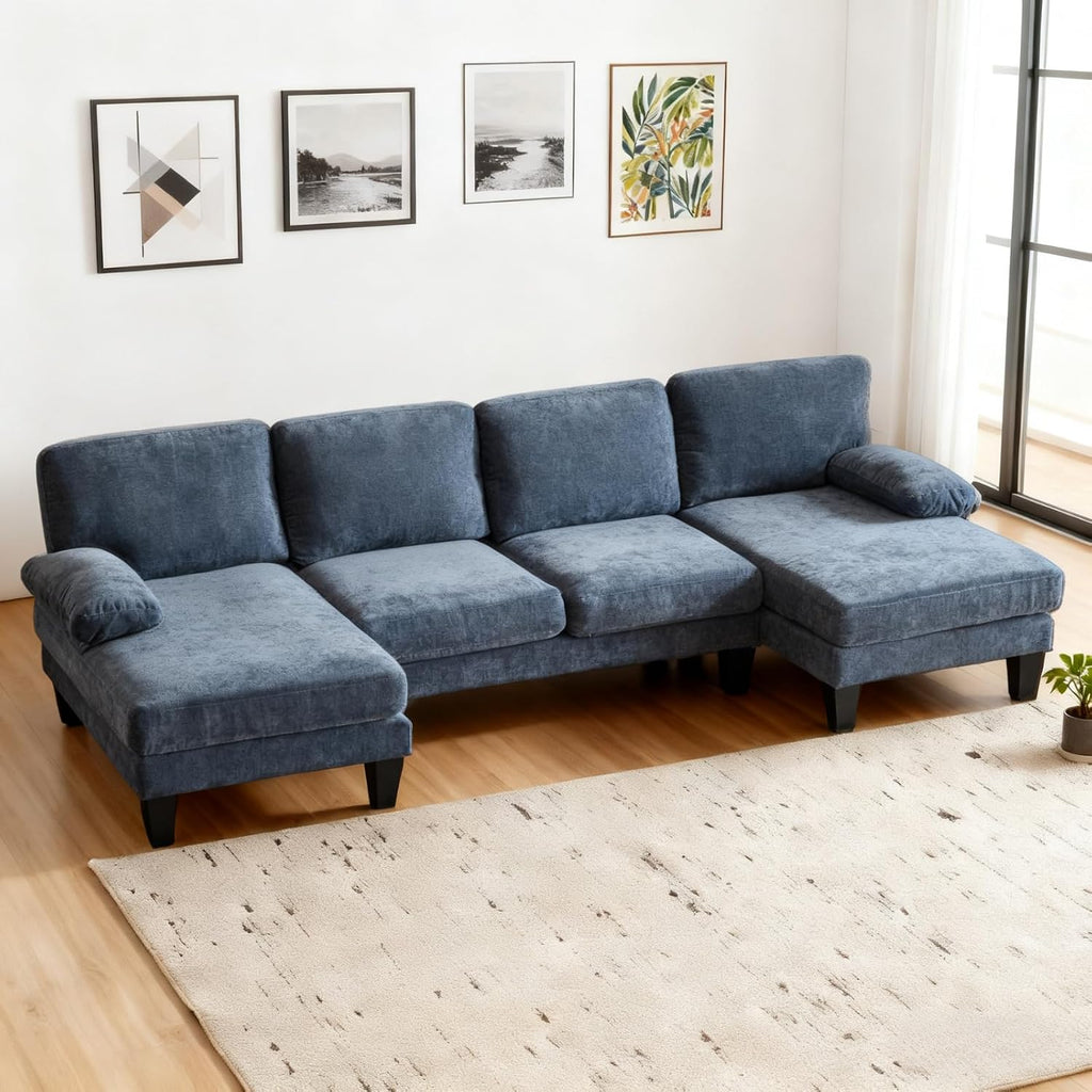 Karl home 111' Sectional Sofa U-Shaped 4-Seat Couch with Chaises Wood Grian Legs Chenille Fabric Upholstered for Living Room, Apartment, Office, Navy Blue